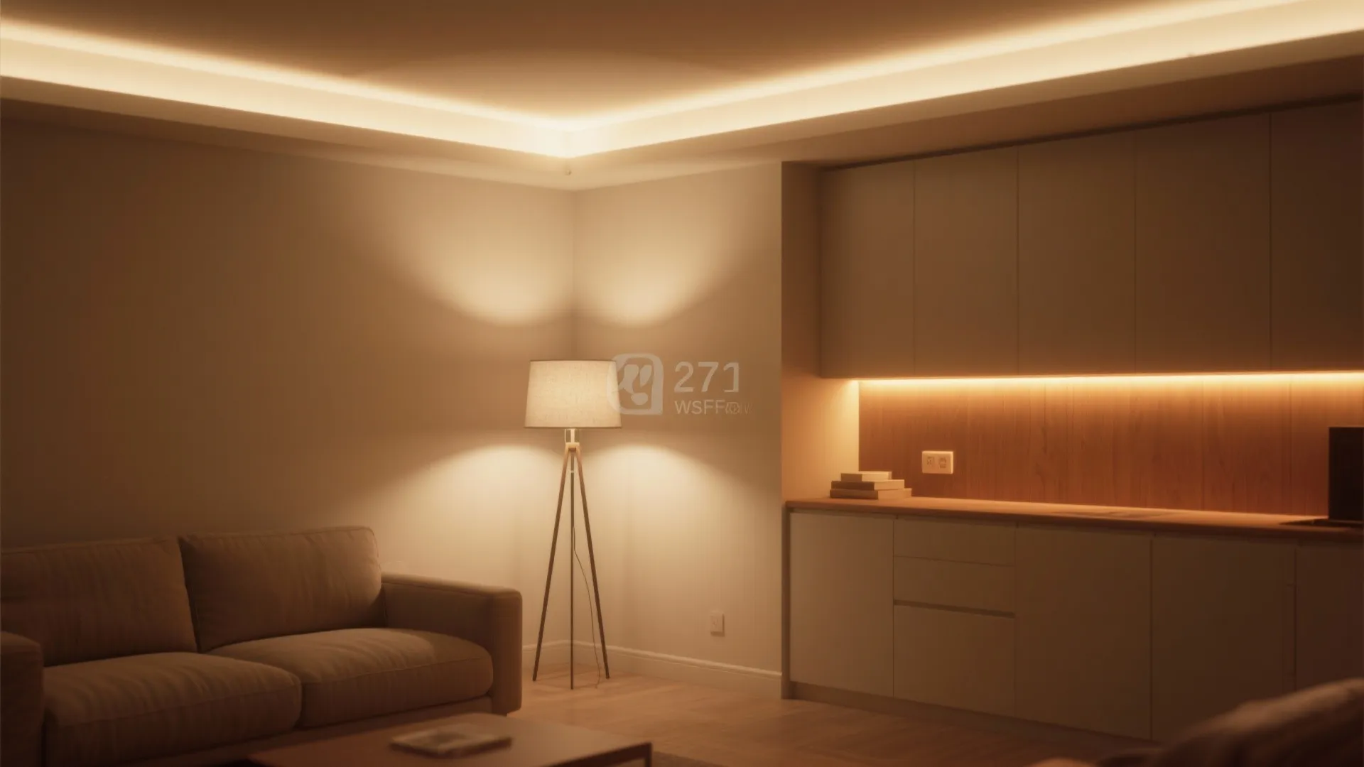 Layered lighting setup in a cozy modern living room corner