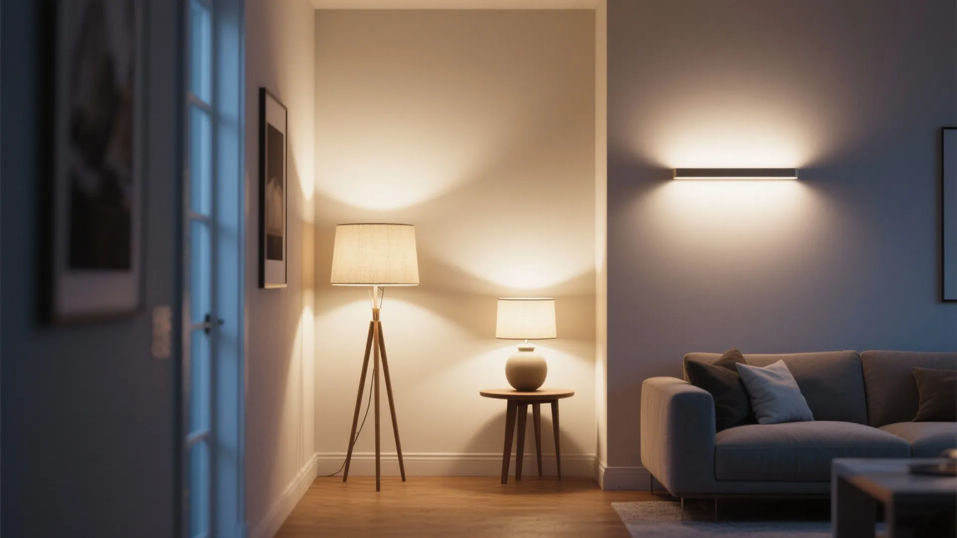 Layered lighting setup in a small living room corner