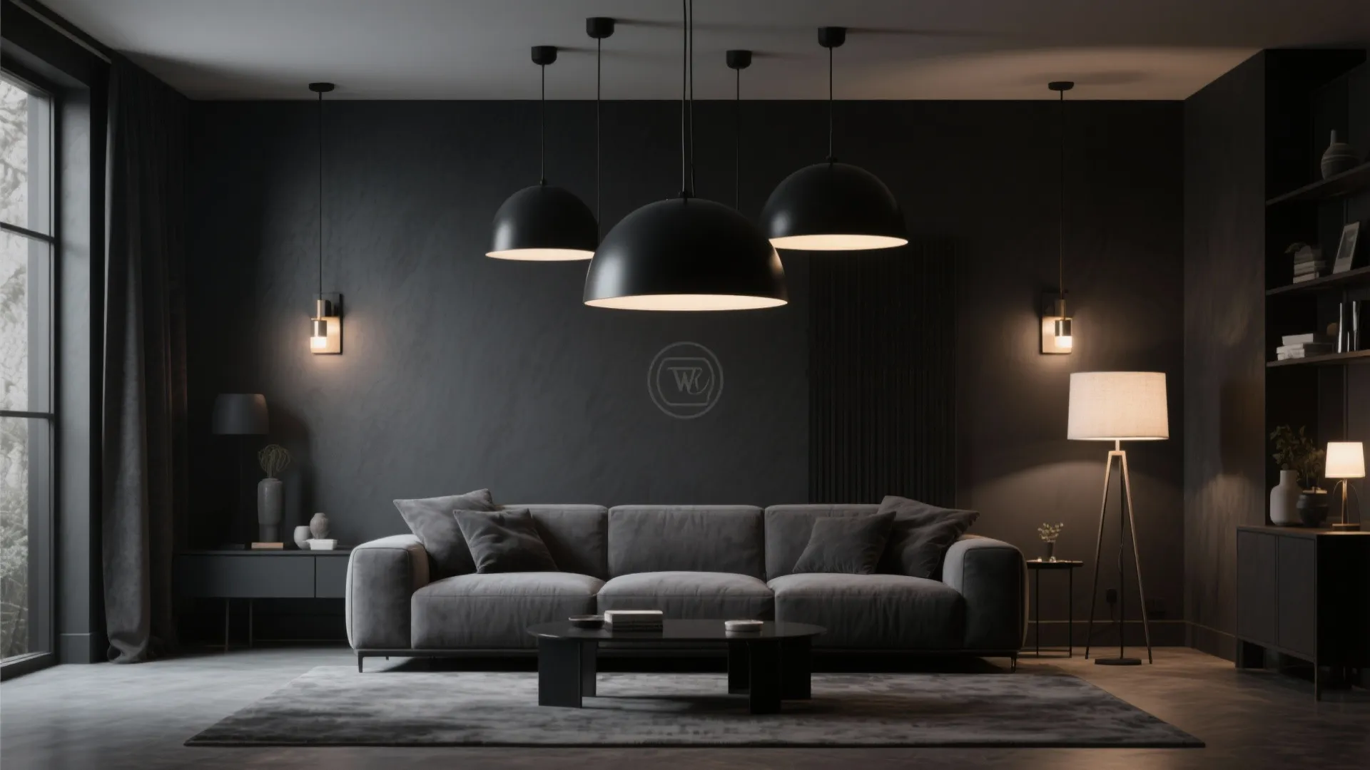 Living room with layered matte black lighting fixtures