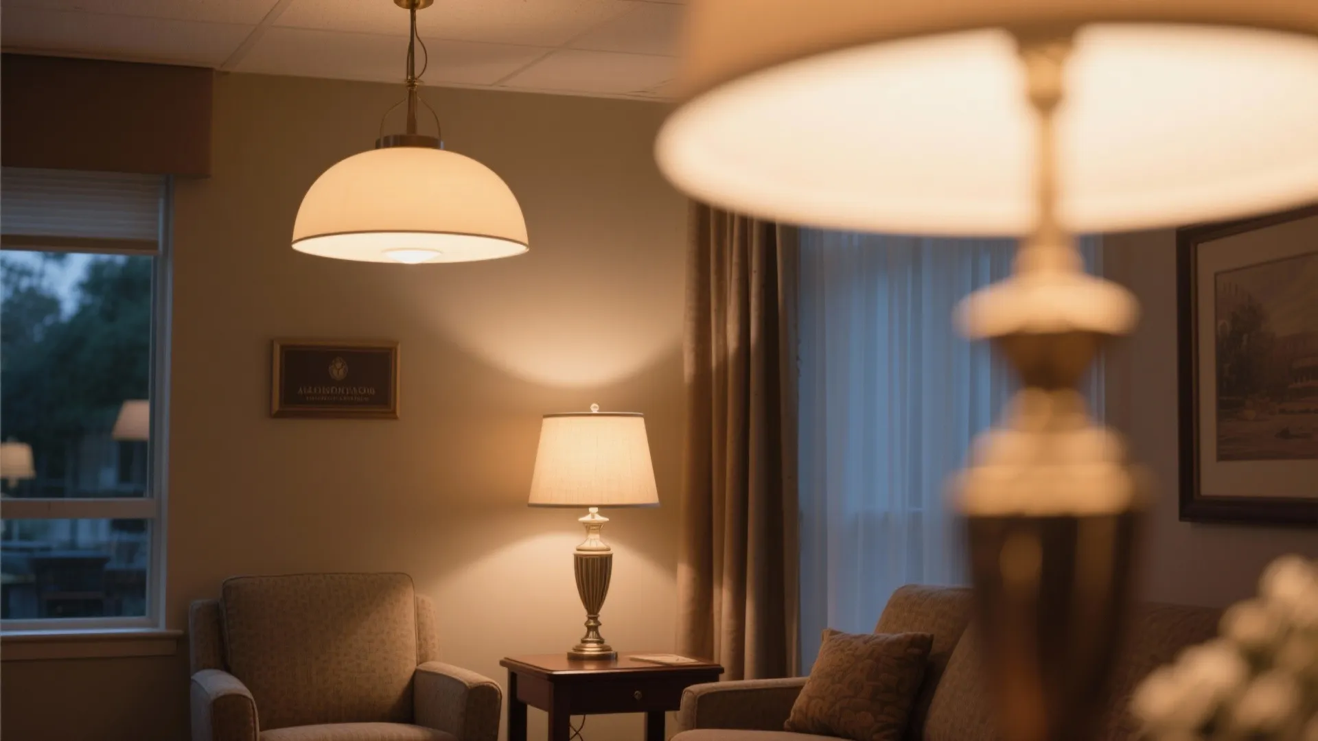 Warm living room interior featuring ceiling light table lamp grey sofa and soft window curtains