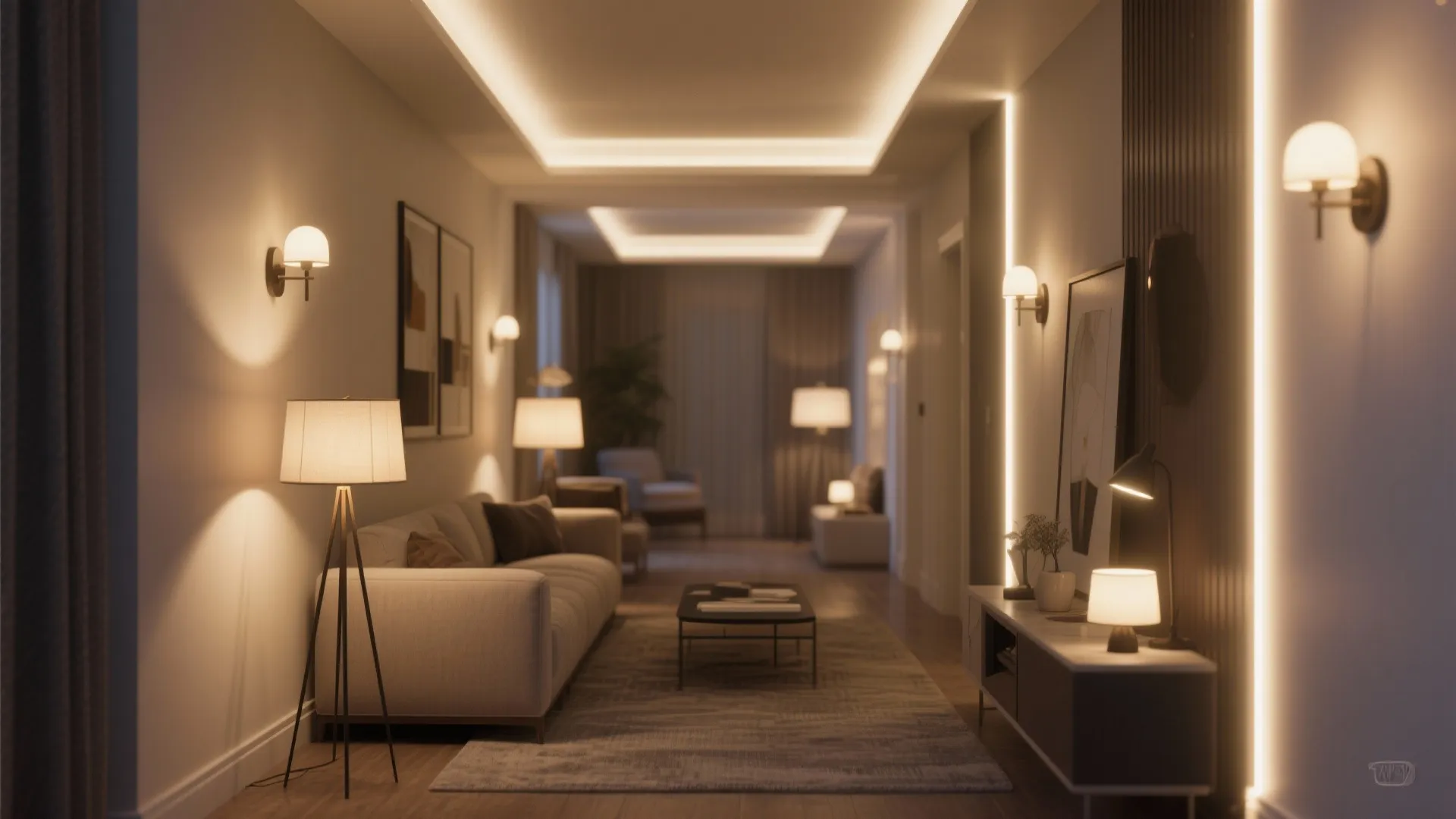 Modern living room with multiple light sources including wall lights floor lamps and ceiling lights