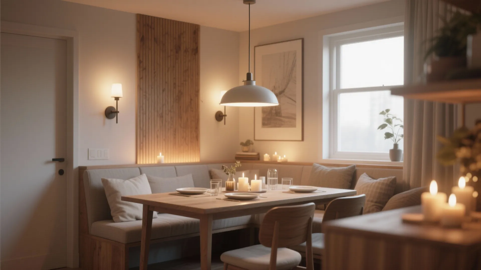 Dining nook with pendant, sconces, and candles for layered lighting