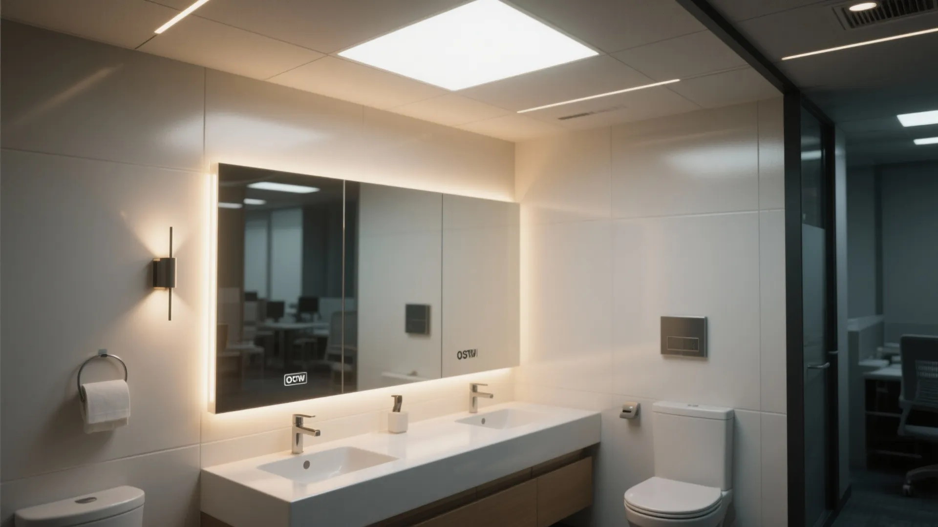 Bright bathroom with large lighted mirror wall light ceiling light white toilet and double sink