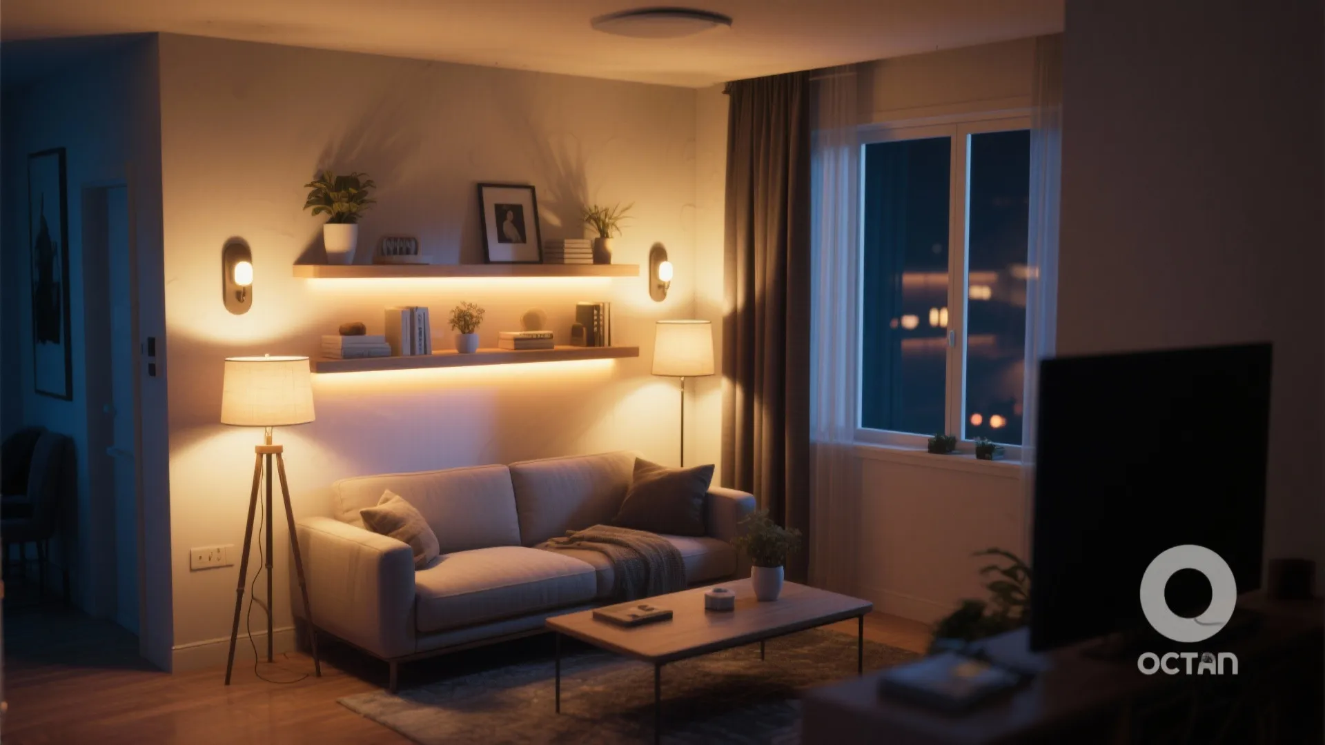 Layered lighting with lamps and LED accents in small living room