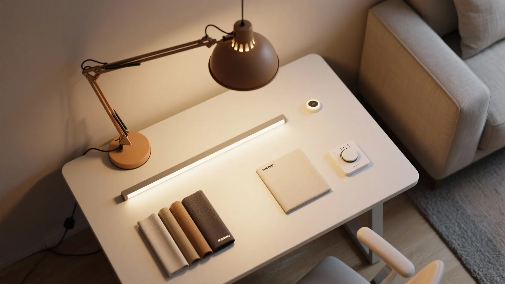 Modern white desk with a desk lamp, light strip, fabric samples, and small control dial
