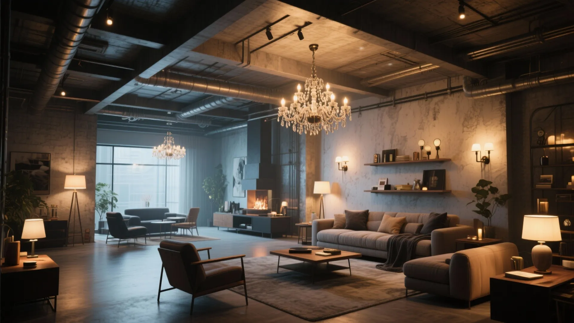High ceiling loft with multiple lighting zones
