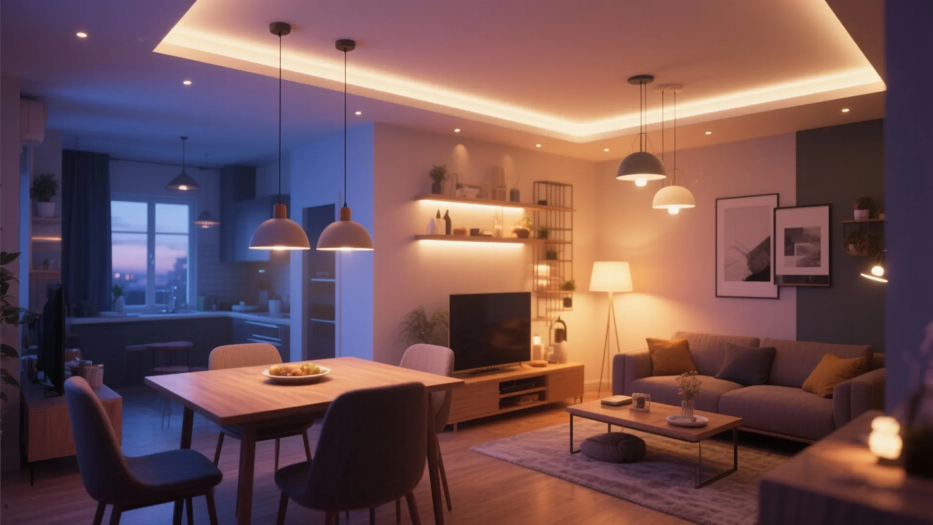 Warm layered lighting in a modern small living space