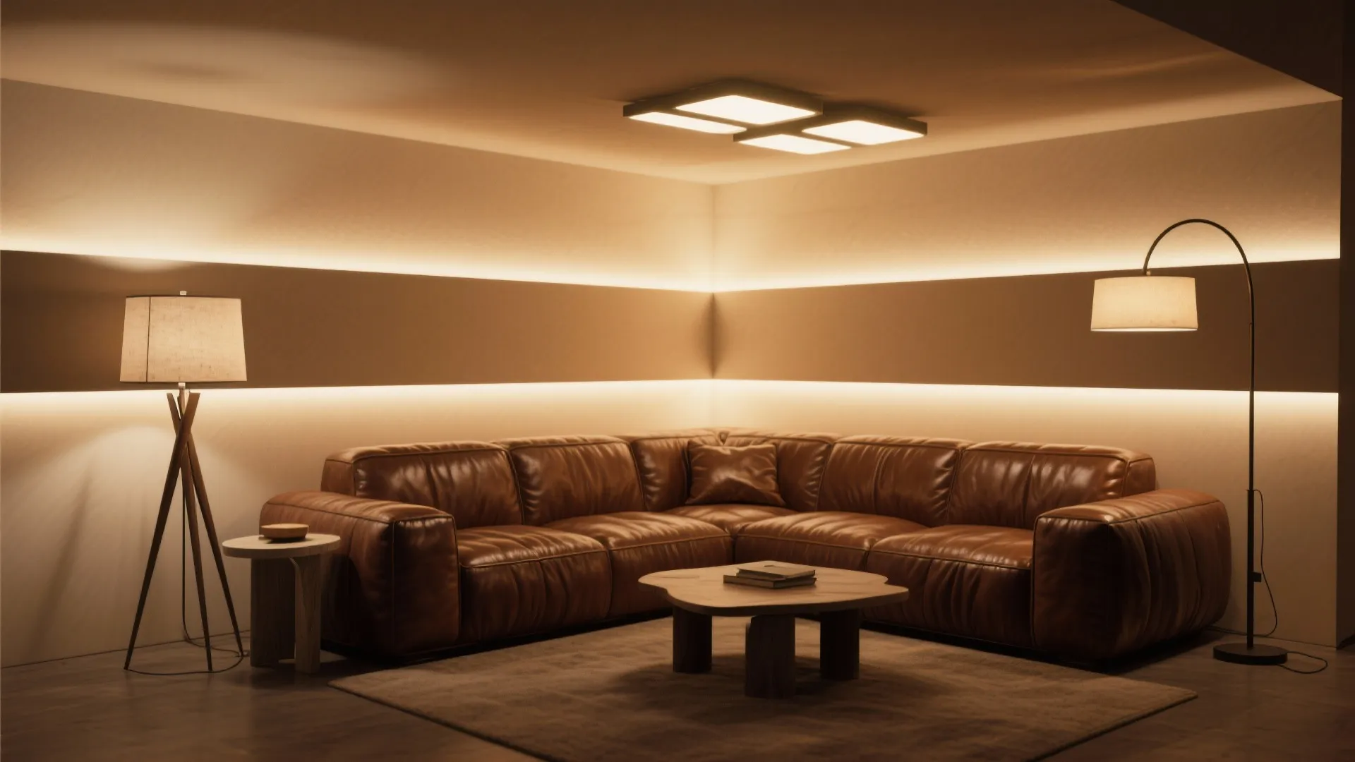 Cozy living room with brown leather sofa, wooden coffee table, ceiling light, and warm lighting