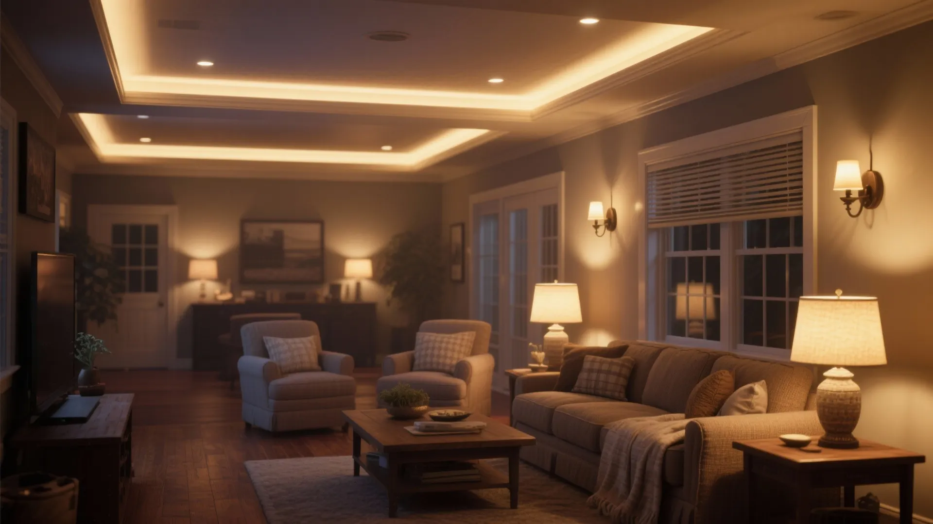 Warm living room with layered lighting from ceiling light fixtures wall lights and floor lamps