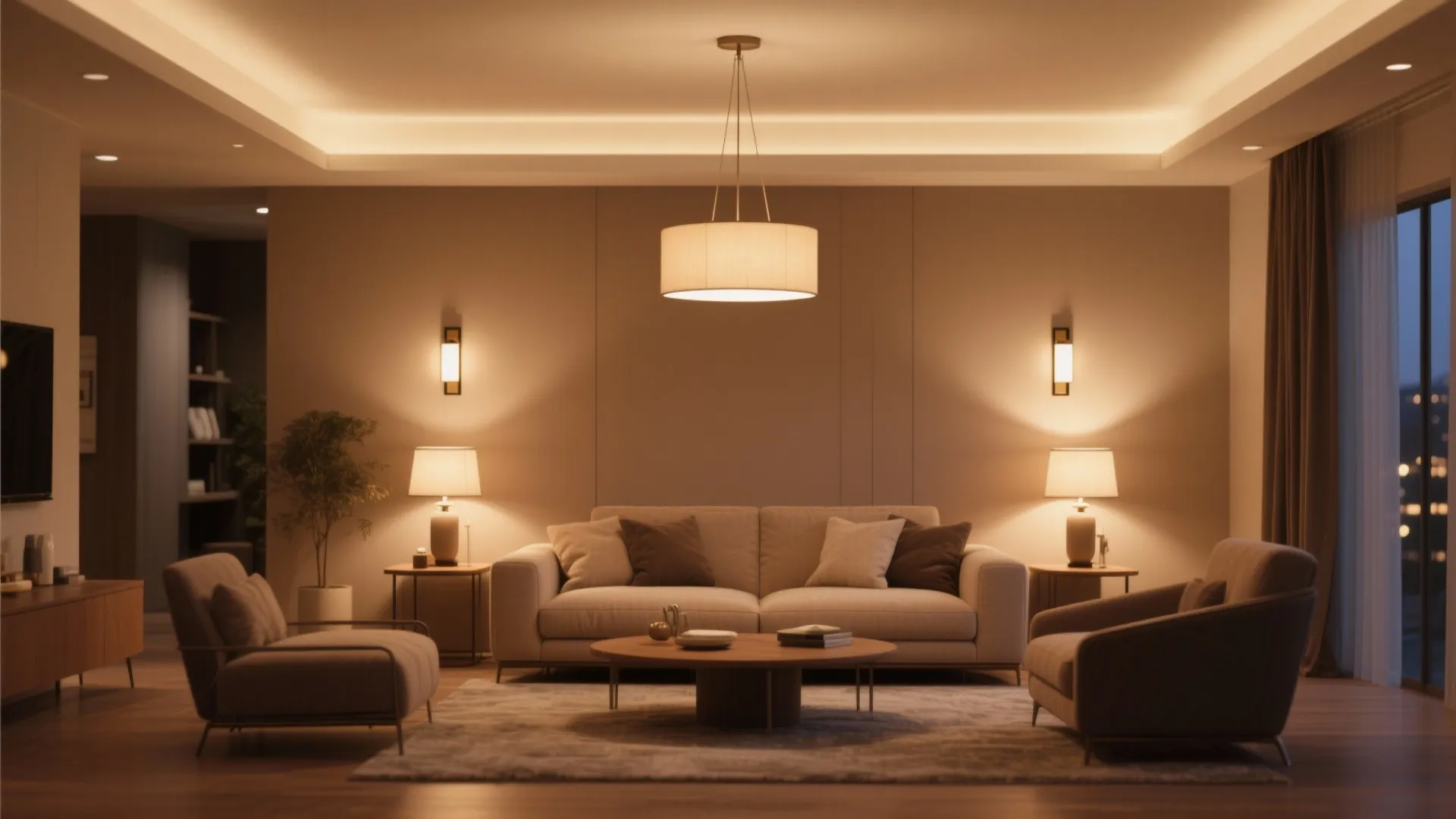 Brown beige living room with multiple light sources