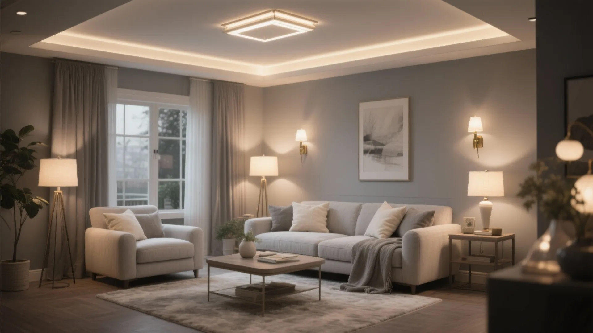 Living room with layered lighting including a ceiling light floor lamps and warm wall lights
