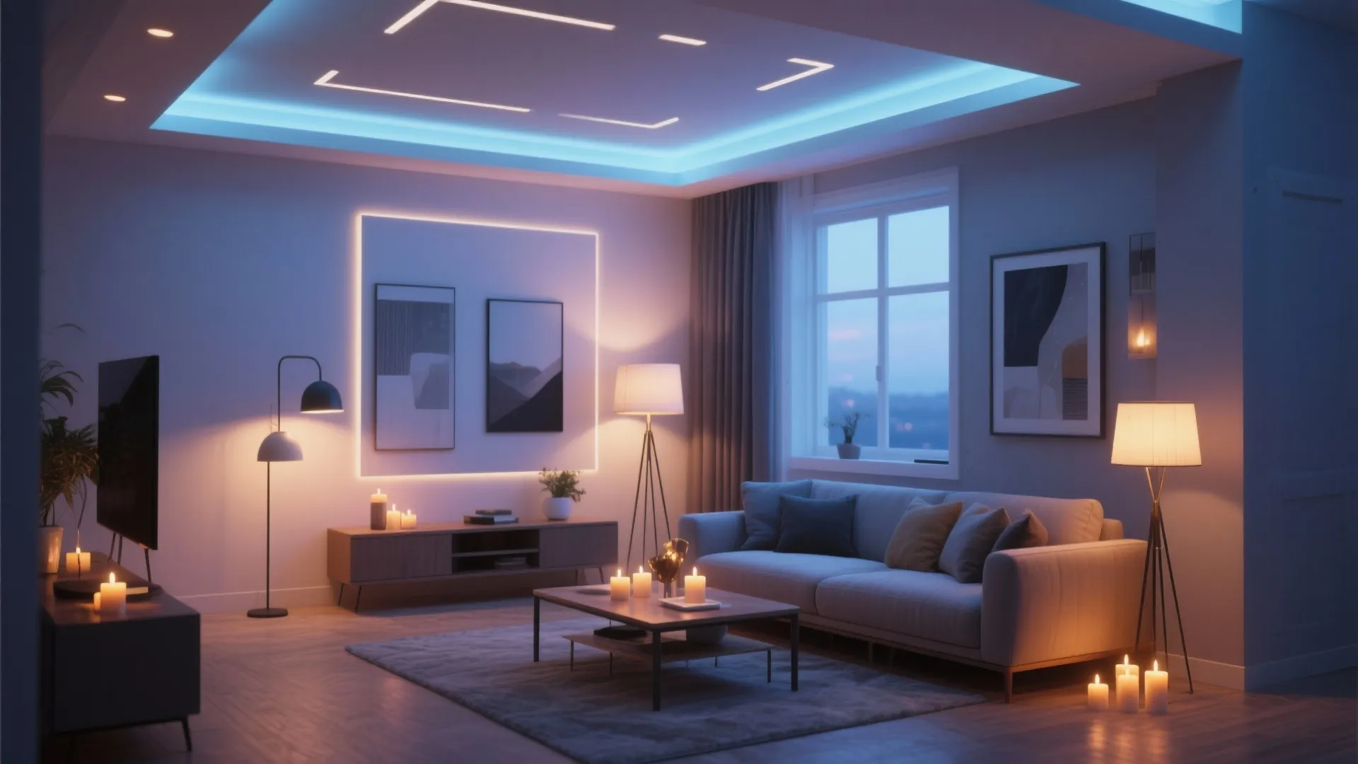 Living room with blue ceiling light and warm floor lamps near a sofa and candles