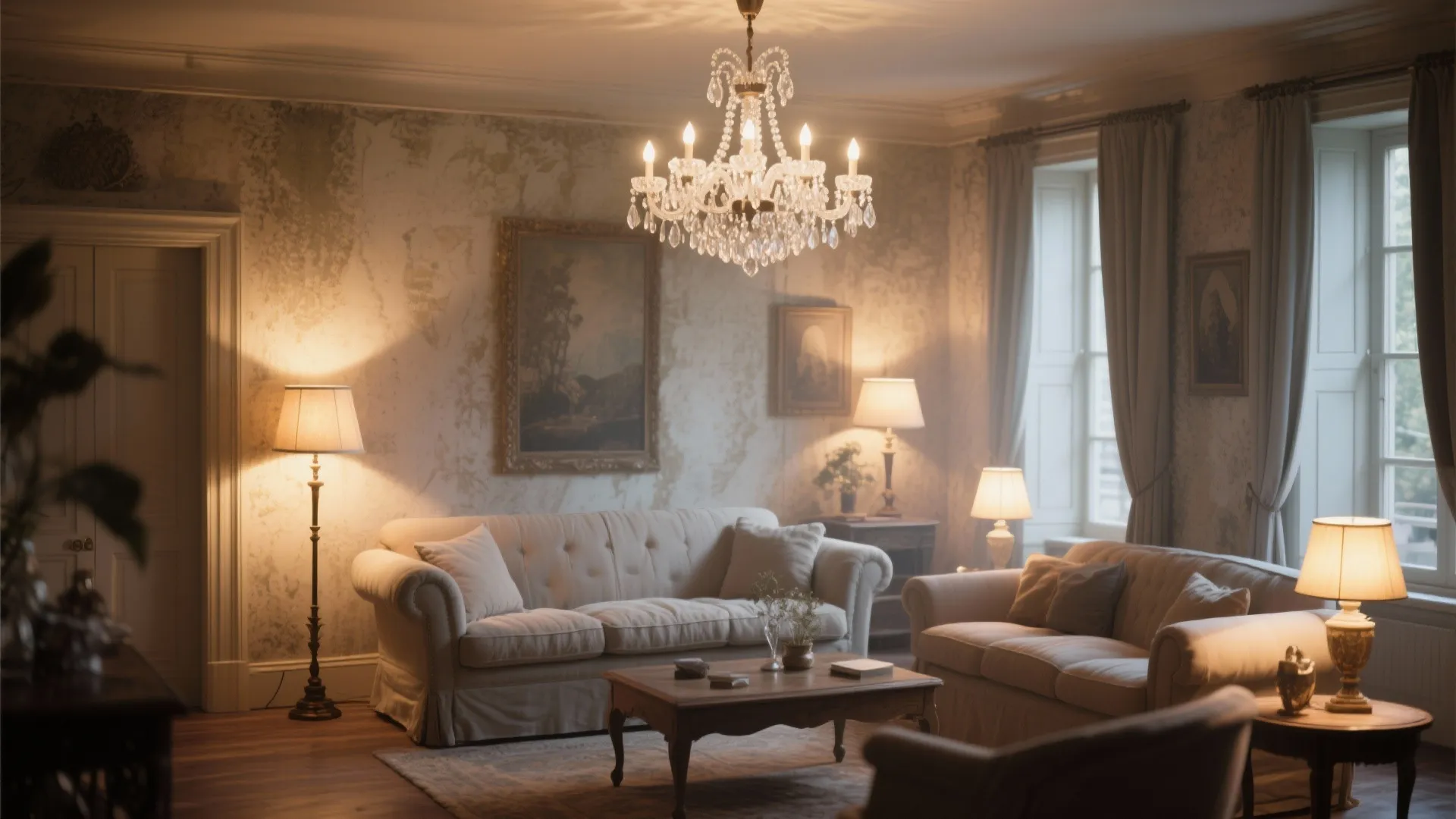 Country French living room with chandelier and layered lighting