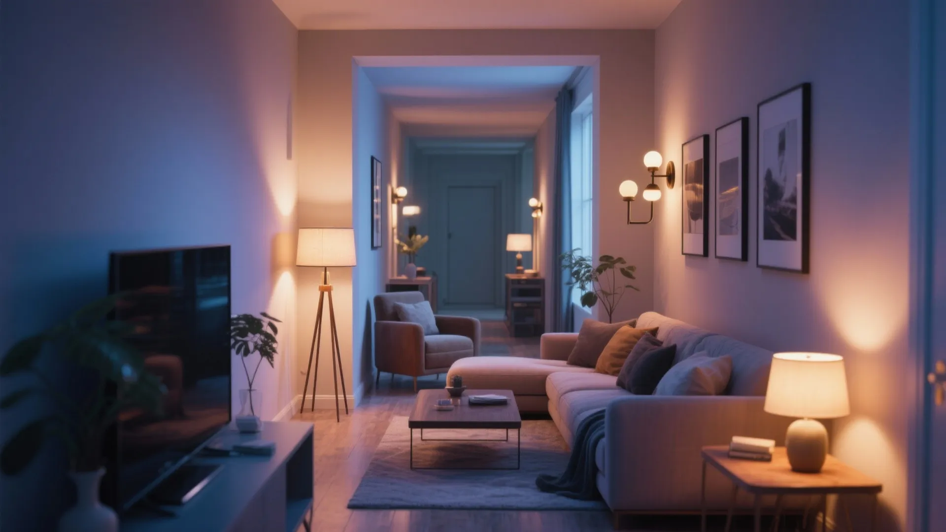 Cozy living room with warm light fixtures floor lamp wall lights sofa and coffee table