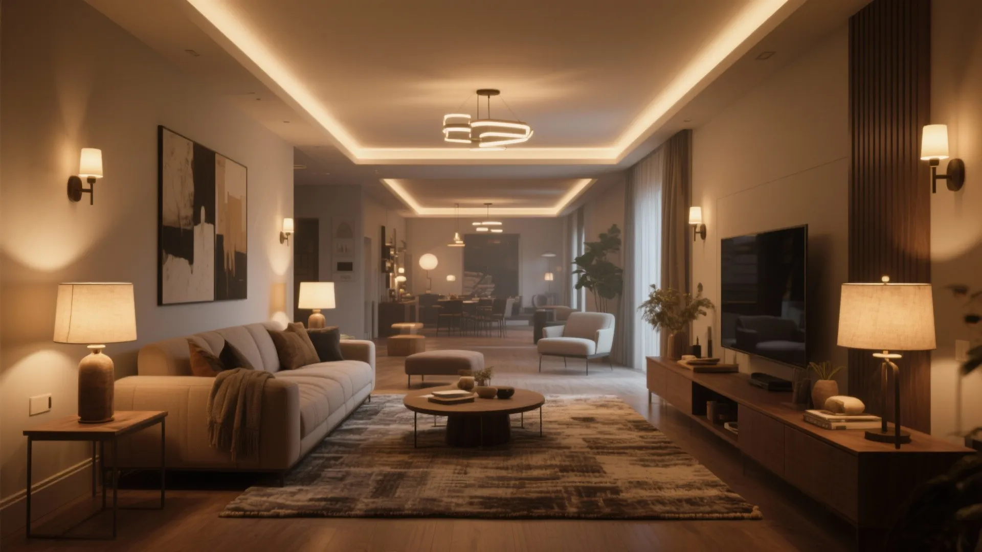 Living room with warm layered lighting featuring ceiling lights wall lights and multiple table lamps