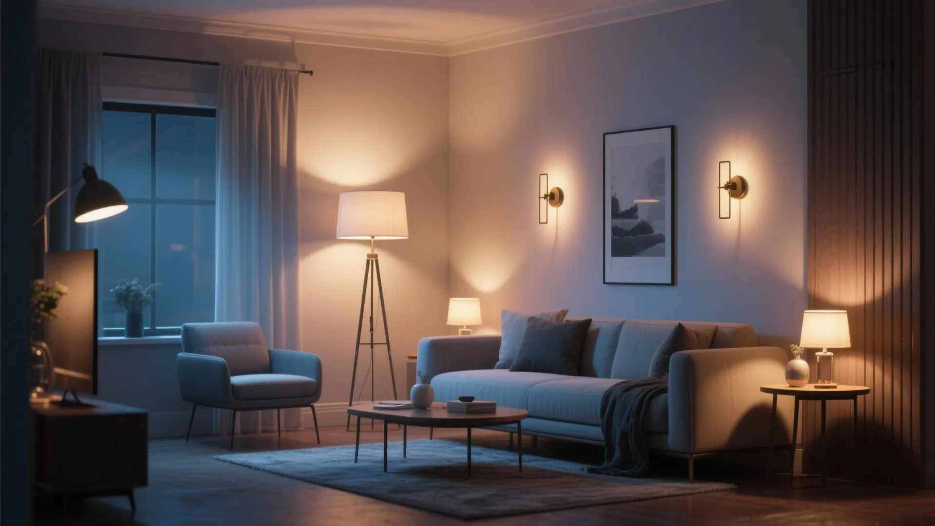 Cozy living room at night featuring floor lamp wall lights sofa armchair coffee table carpet