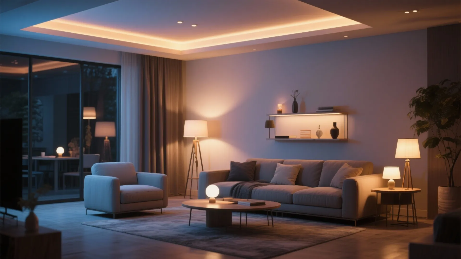 Layered lighting design with floor, table and ceiling lamps