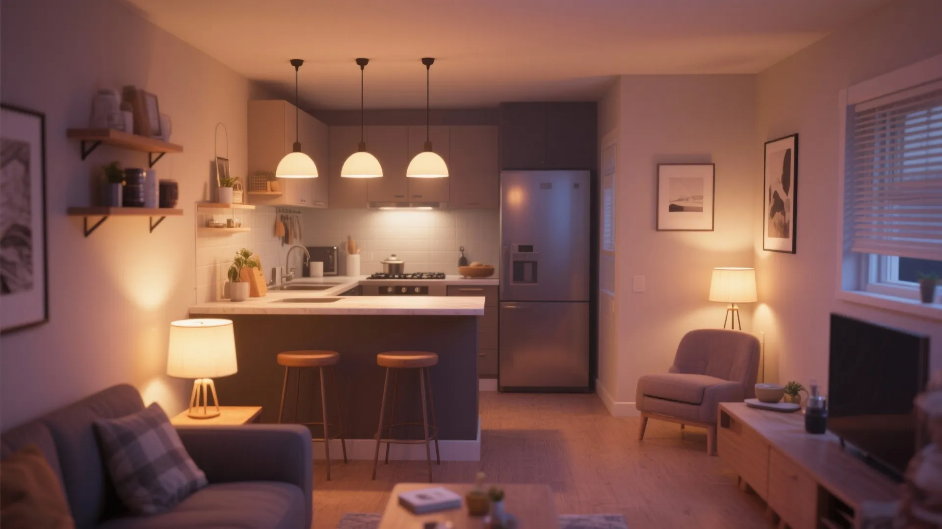 Cozy kitchen and living area lit by three ceiling lights and two warm yellow table lamps