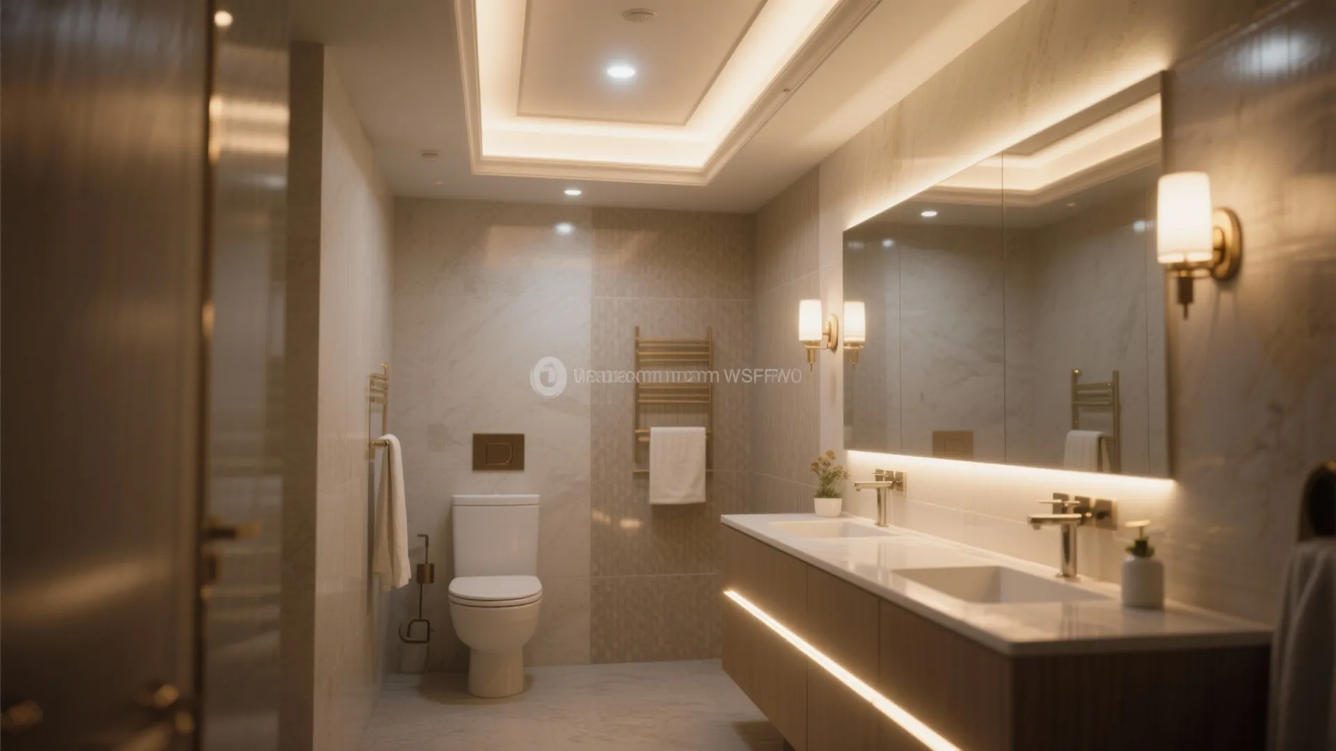 Luxury bathroom with warm lighting large mirror wooden cabinet white toilet and marble wall design drawing