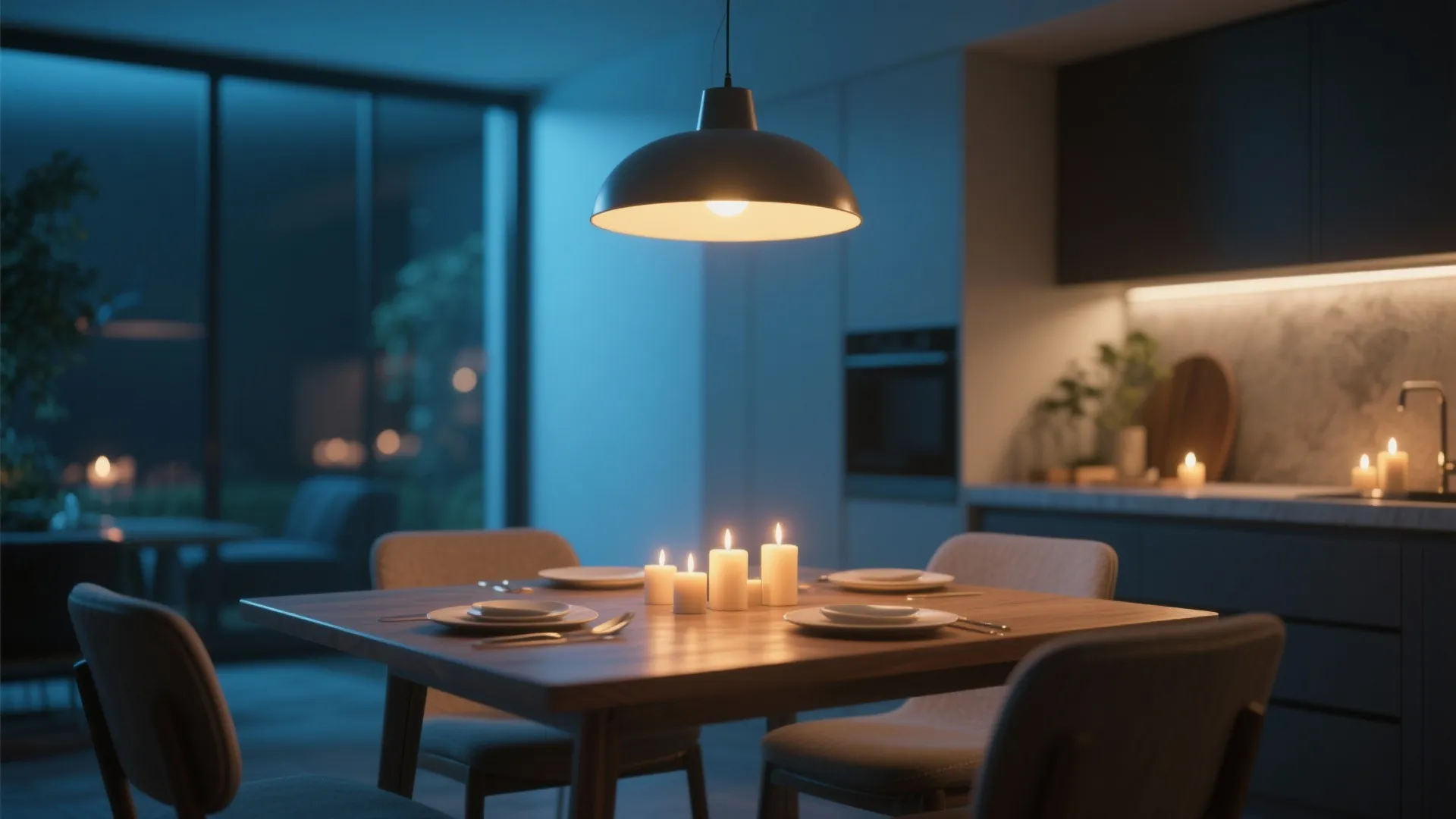 Dining table lit by pendant light and candles for a cozy mood