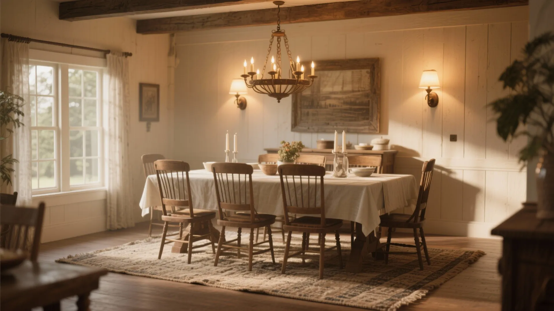 Farmhouse dining room with rustic chandelier and sconces