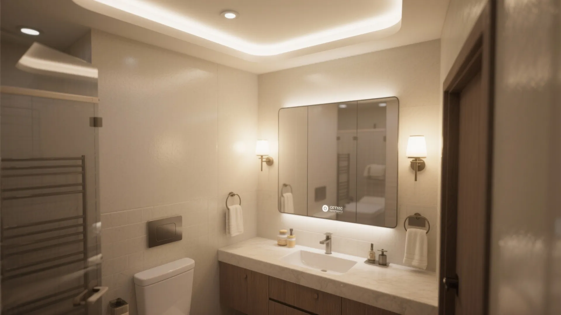 Modern bathroom with glowing mirror light fixtures two wall lights and bright ceiling light design
