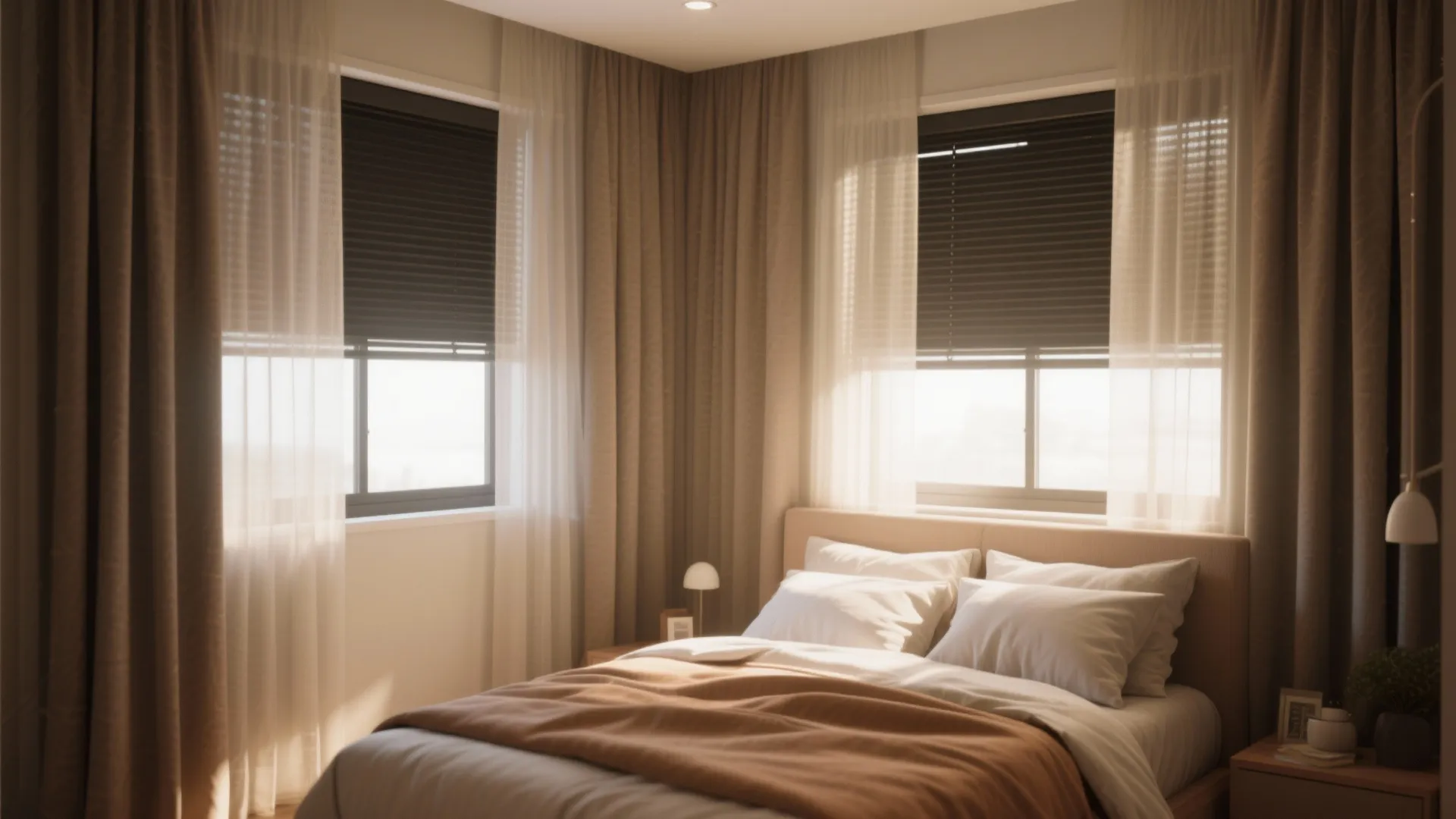 Warm bedroom with two windows brown curtain light fixture on bedside table and soft lighting