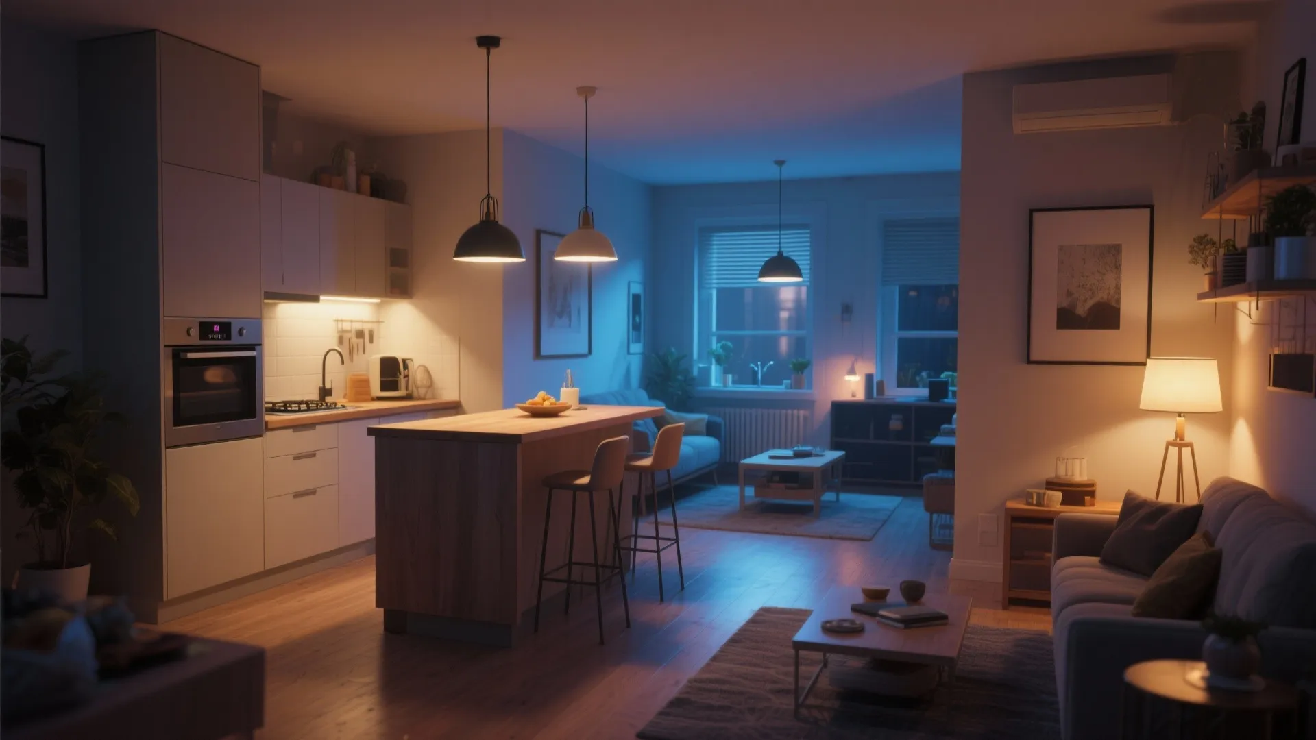 Layered lighting separates kitchen and living zones