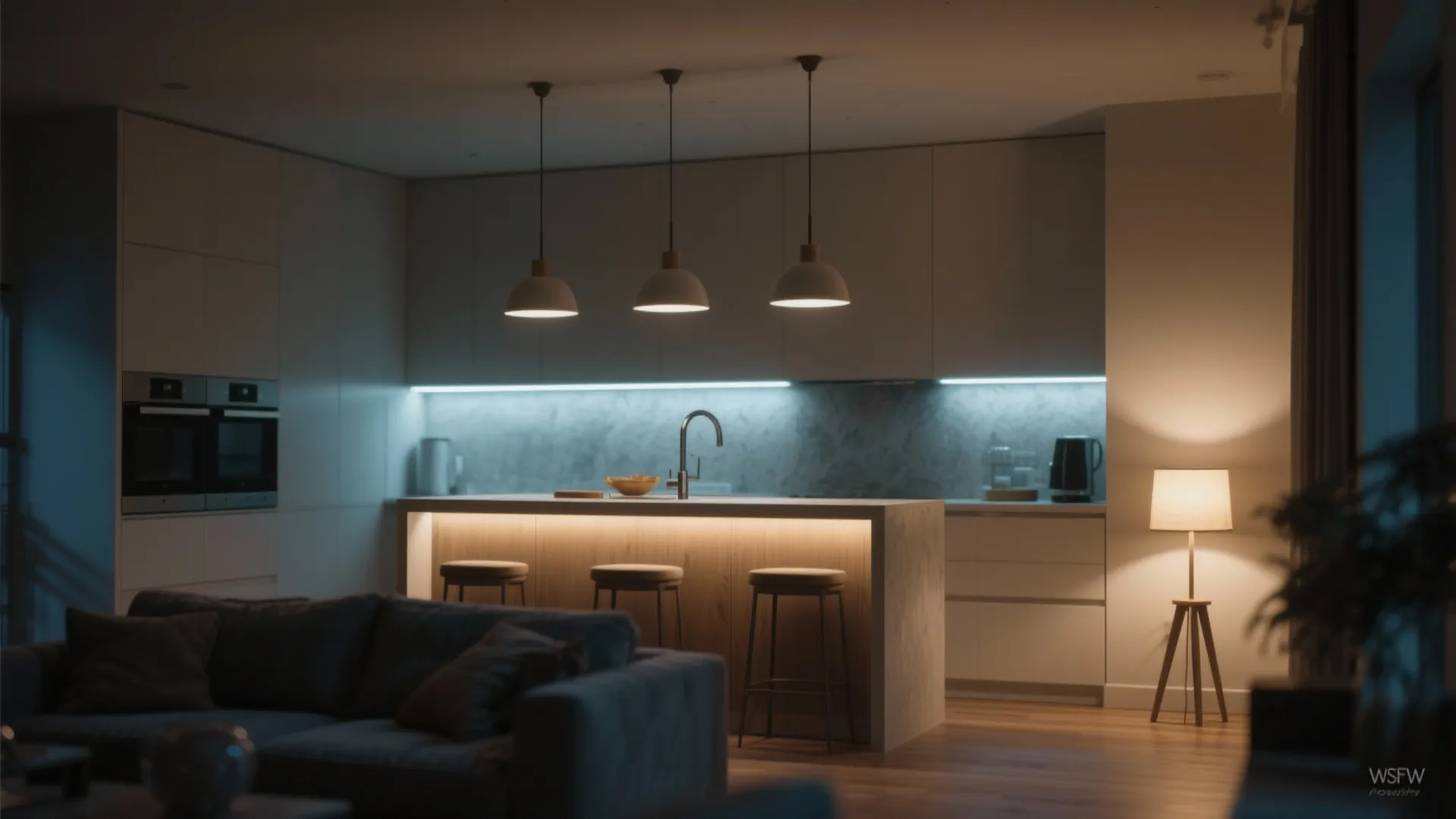 Layered lighting with pendants, under-cabinet strips, and floor lamp