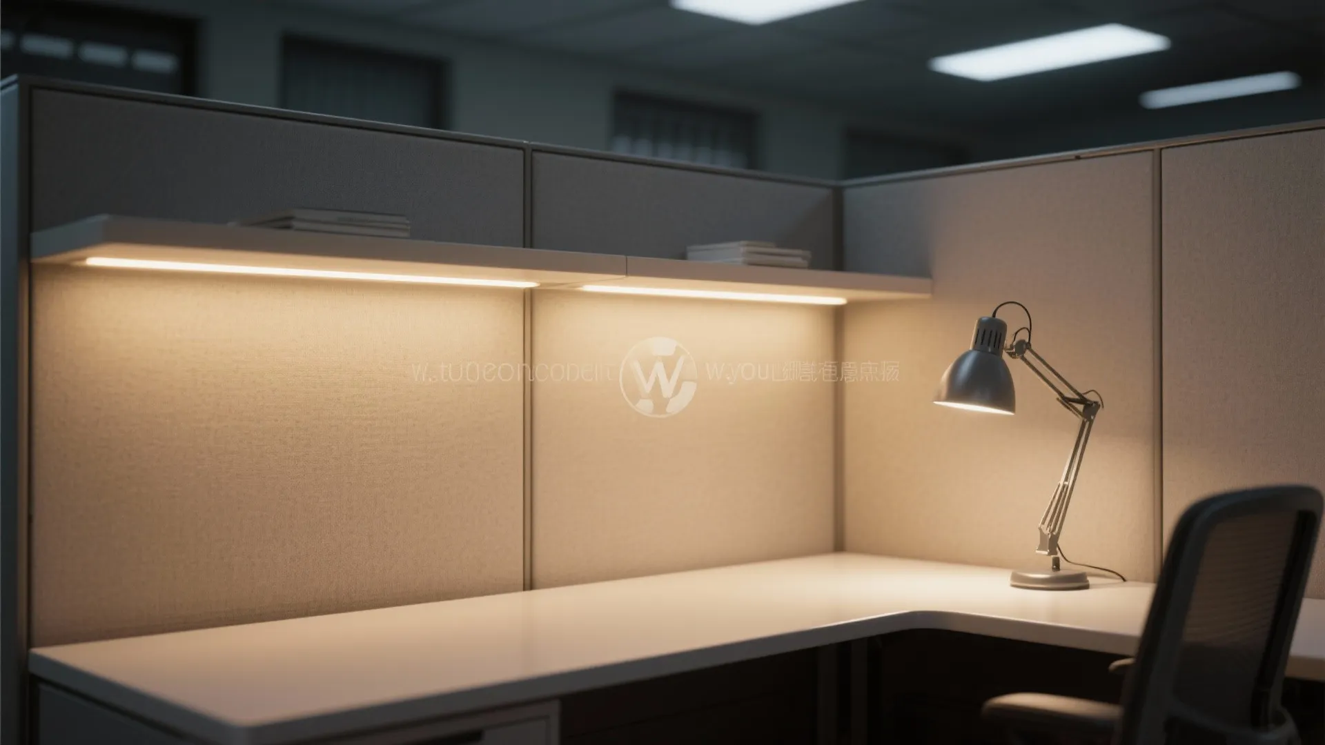 Workstation desk with a grey desk lamp and warm light strips under a wall shelf