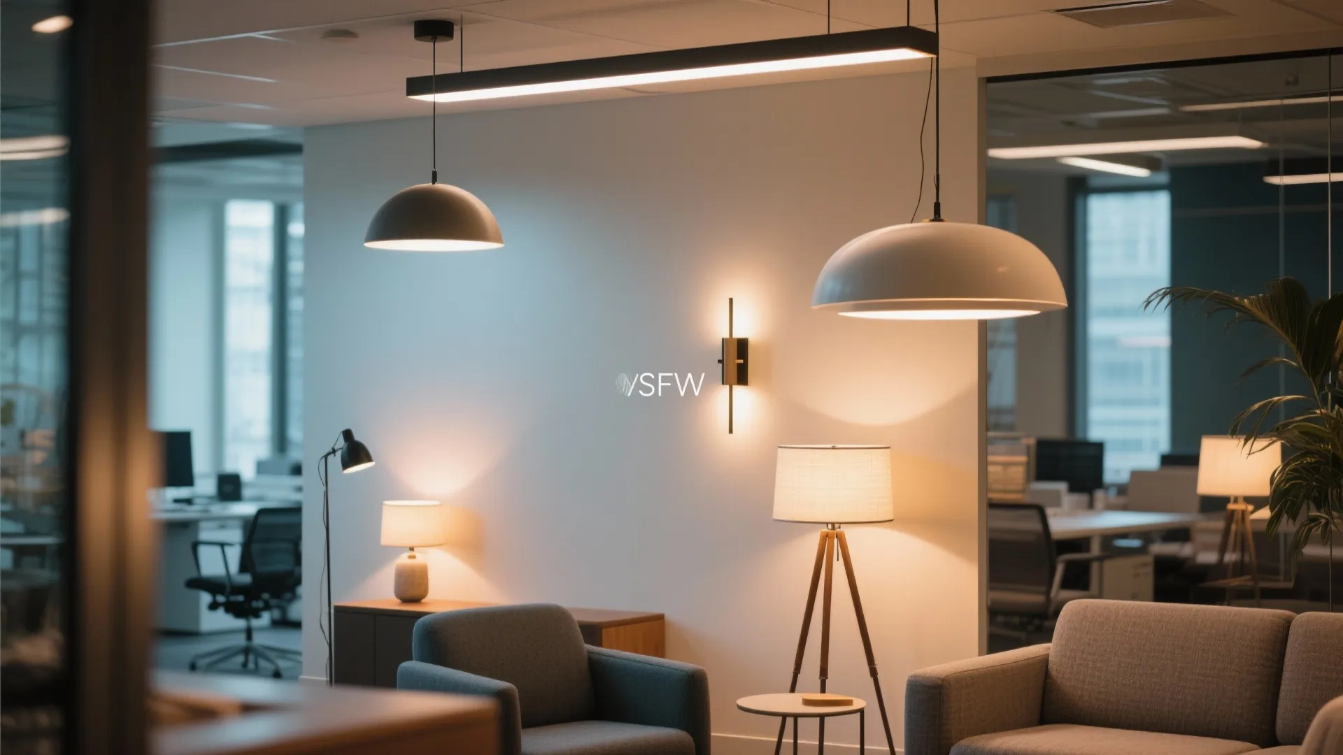 Close-up of layered office lighting with sconces, lamps, and pendant light