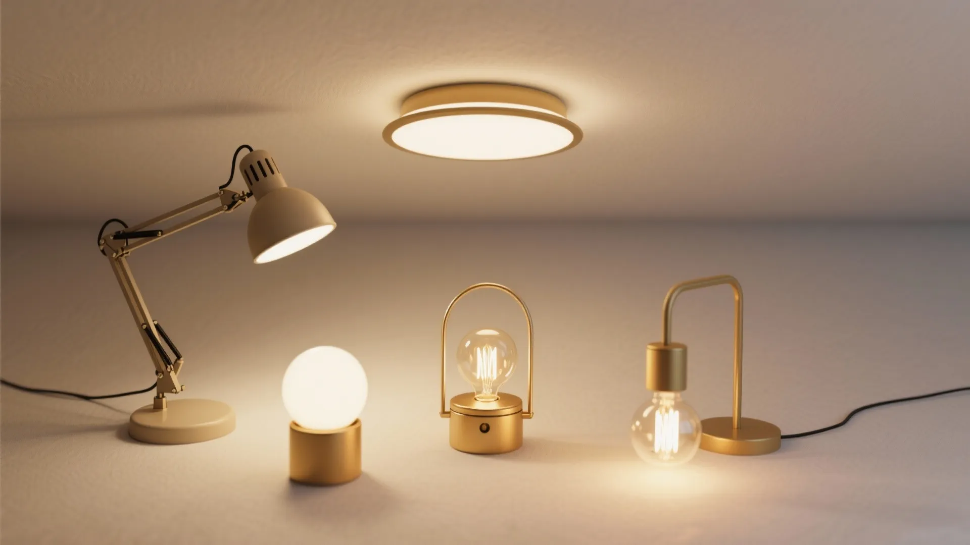 A collection of different gold light fixtures including a ceiling light and various desk lamps