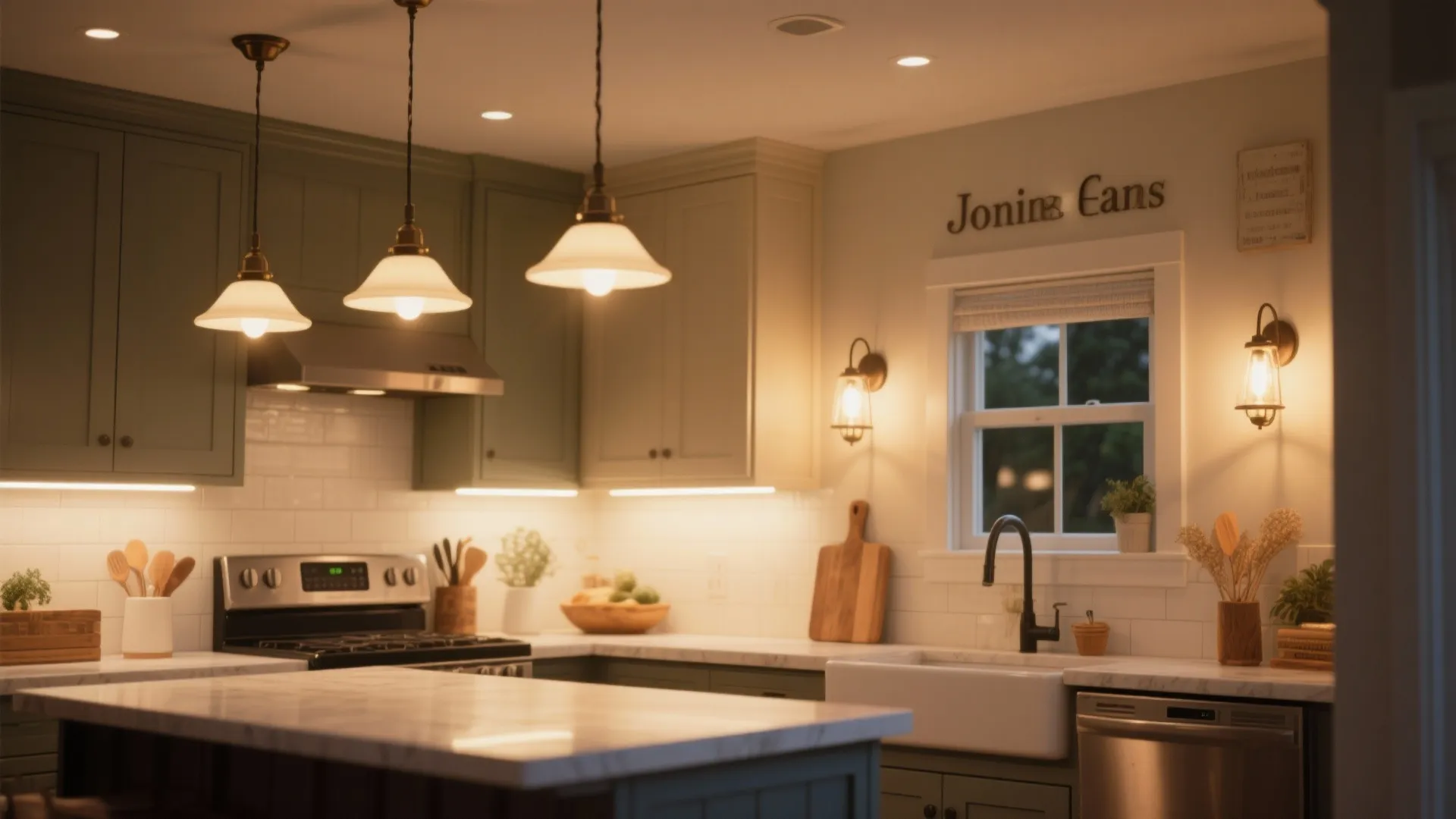 Small kitchen with pendant lamps, LED strips, and wall sconces