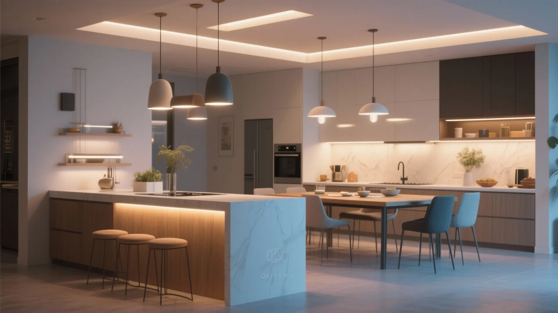 Modern open kitchen with marble island bar stools dining table and warm ceiling light fixtures