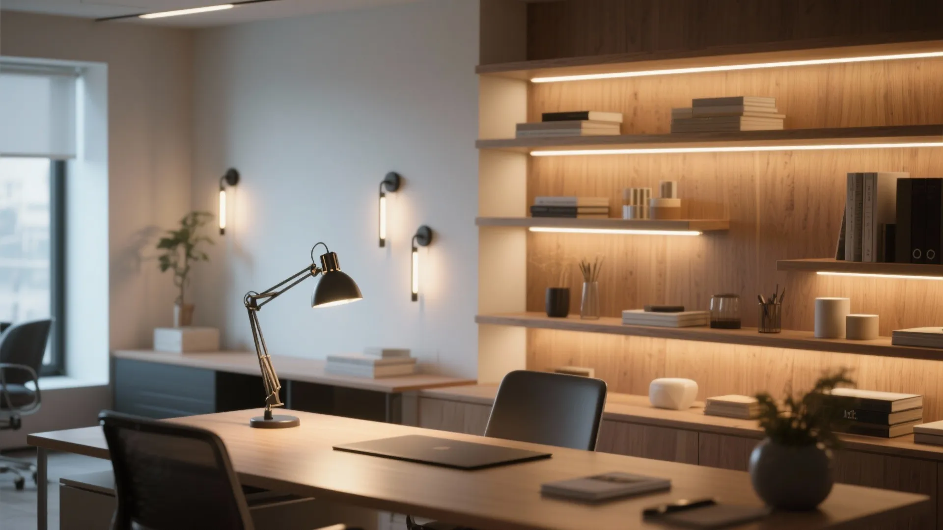 Modern home office with wooden desk black table lamp wall lights and lighted book shelf