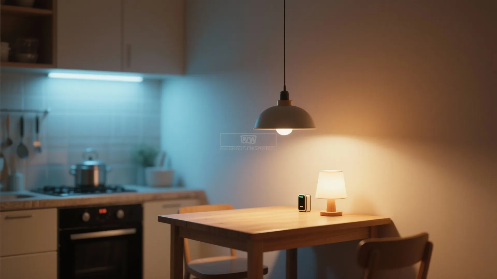 Kitchen dining area featuring layered lighting with ceiling light small table lamp and under cabinet