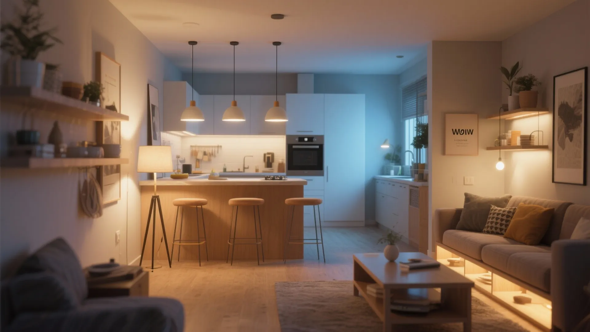 Living room and kitchen area featuring warm ceiling light fixtures floor lamp and under cabinet lighting