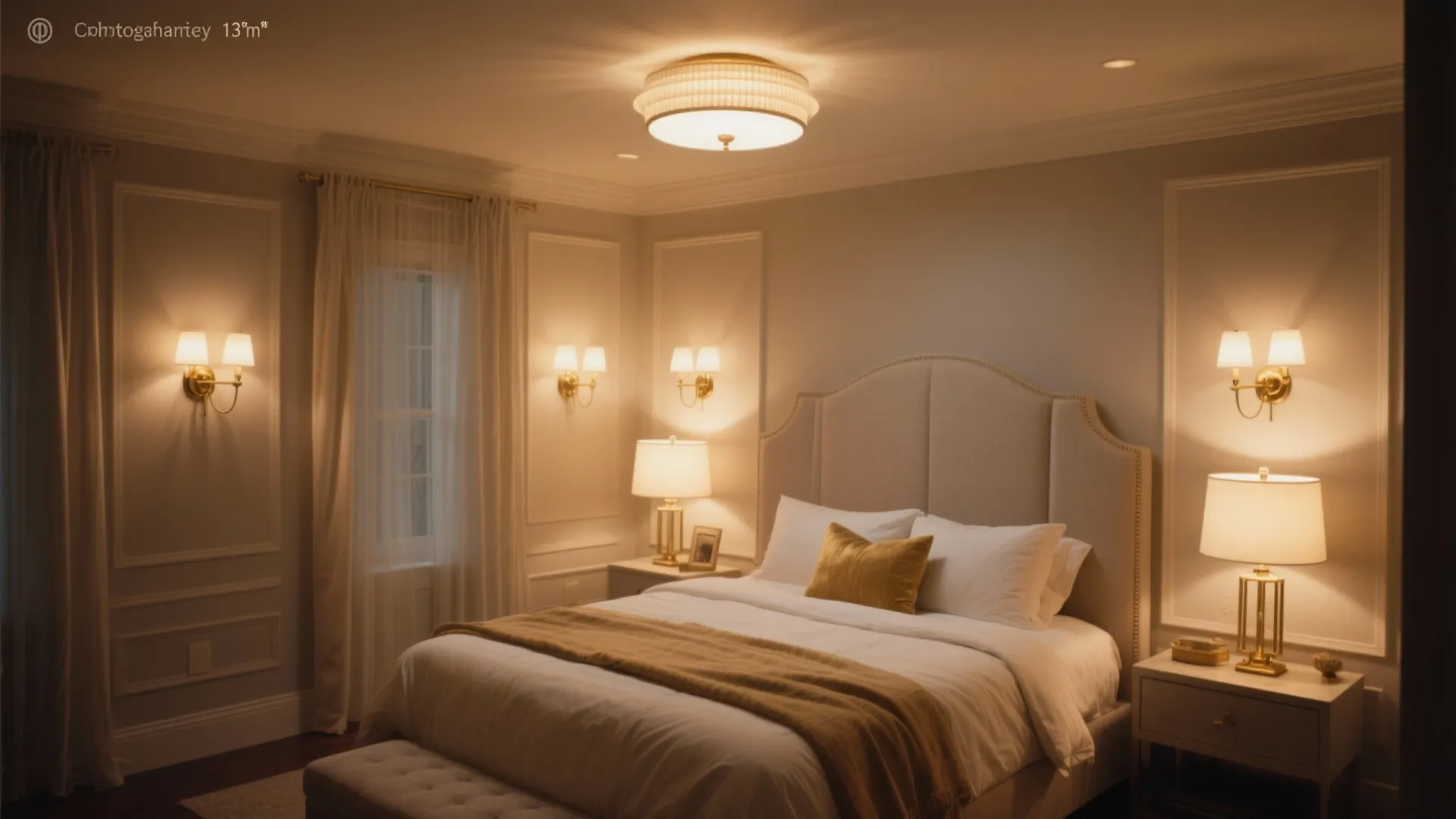 Elegant bedroom with warm lighting from a ceiling light, wall lights, and bedside table lamps