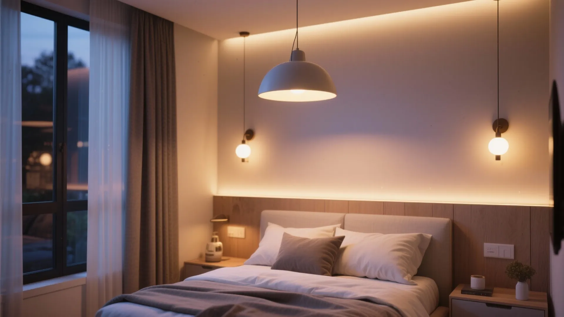 Modern bedroom with ceiling light warm wall light and hidden light strip behind wood panel