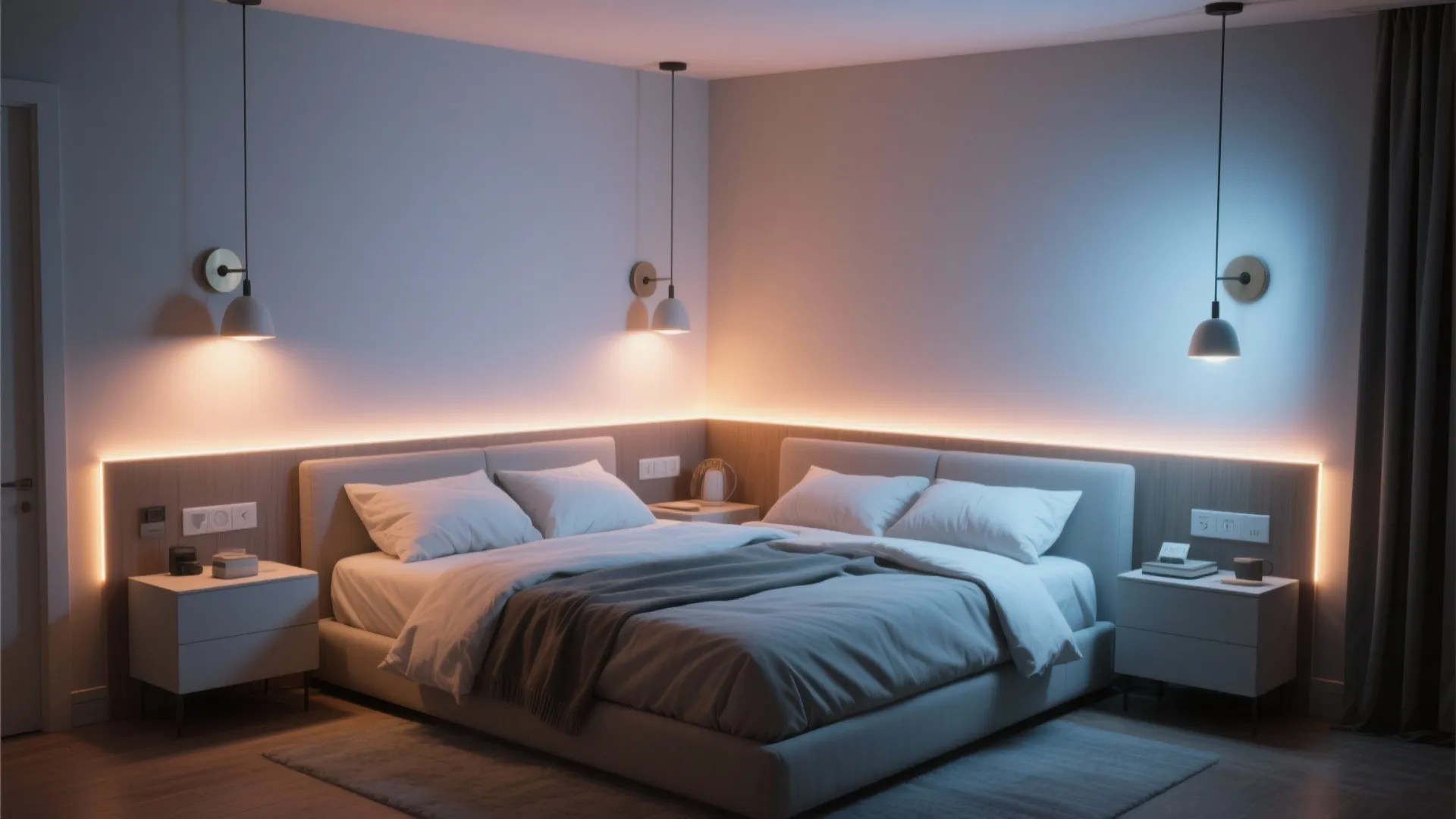 Modern bedroom with ceiling light fixtures wall lights and warm strip lighting behind the bed