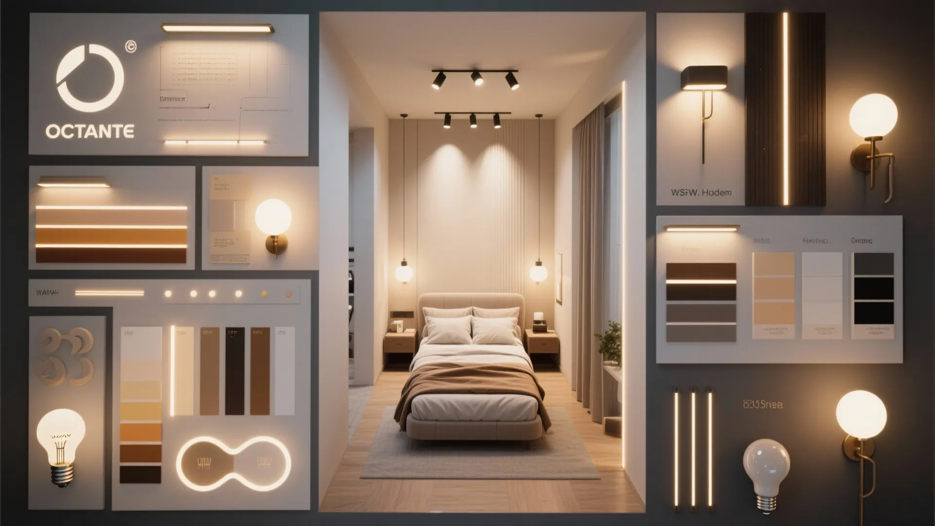 Modern bedroom lighting mood board with various light fixtures and warm glowing interior design examples