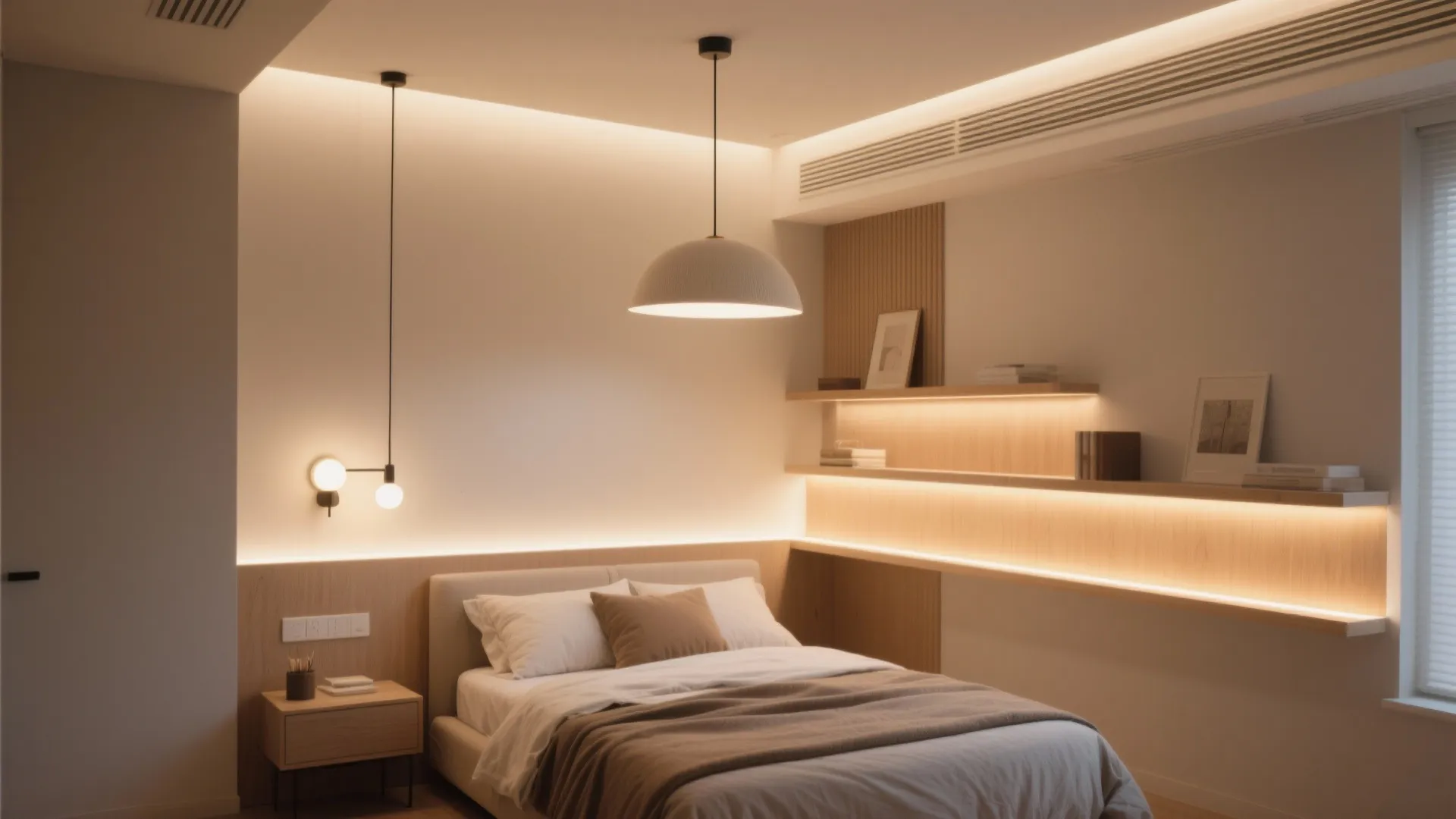 Modern cozy bedroom with warm light fixture wooden shelves wall light and comfortable white bed