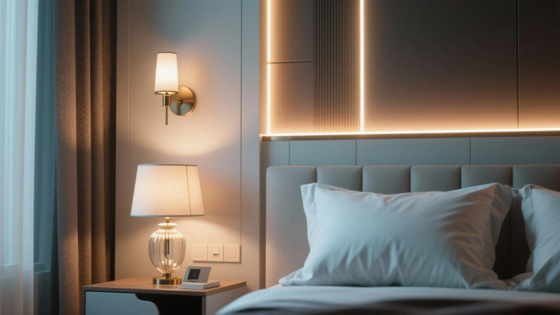 Cozy bedroom bedside table with lamp plus wall light and glowing strip lights on panel