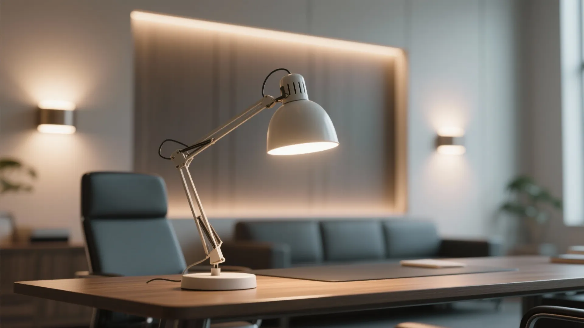 Warm desk lamp and ambient sconces in executive office