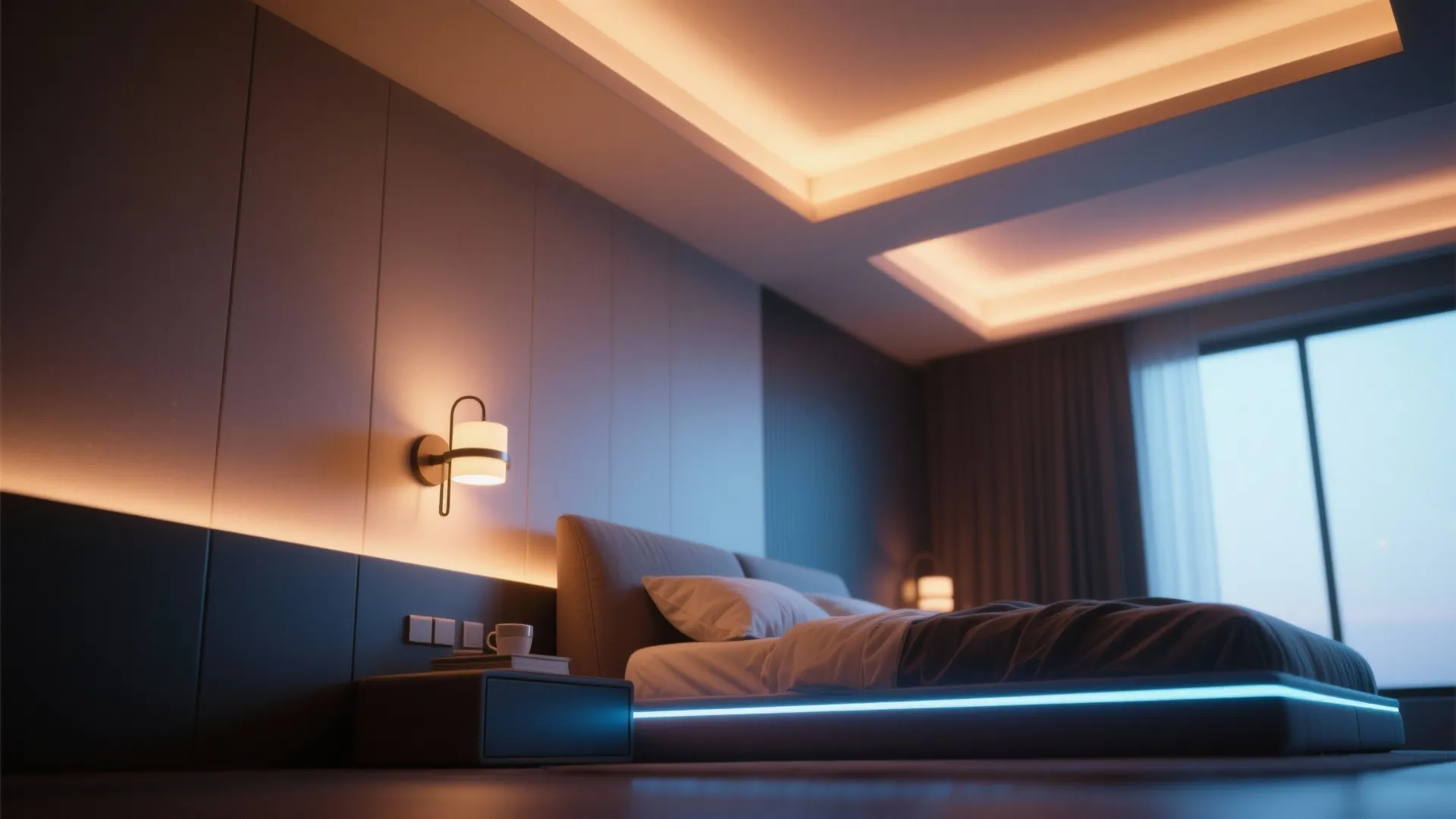 Modern bedroom with warm ceiling light, wall light, and blue led strip under the bed