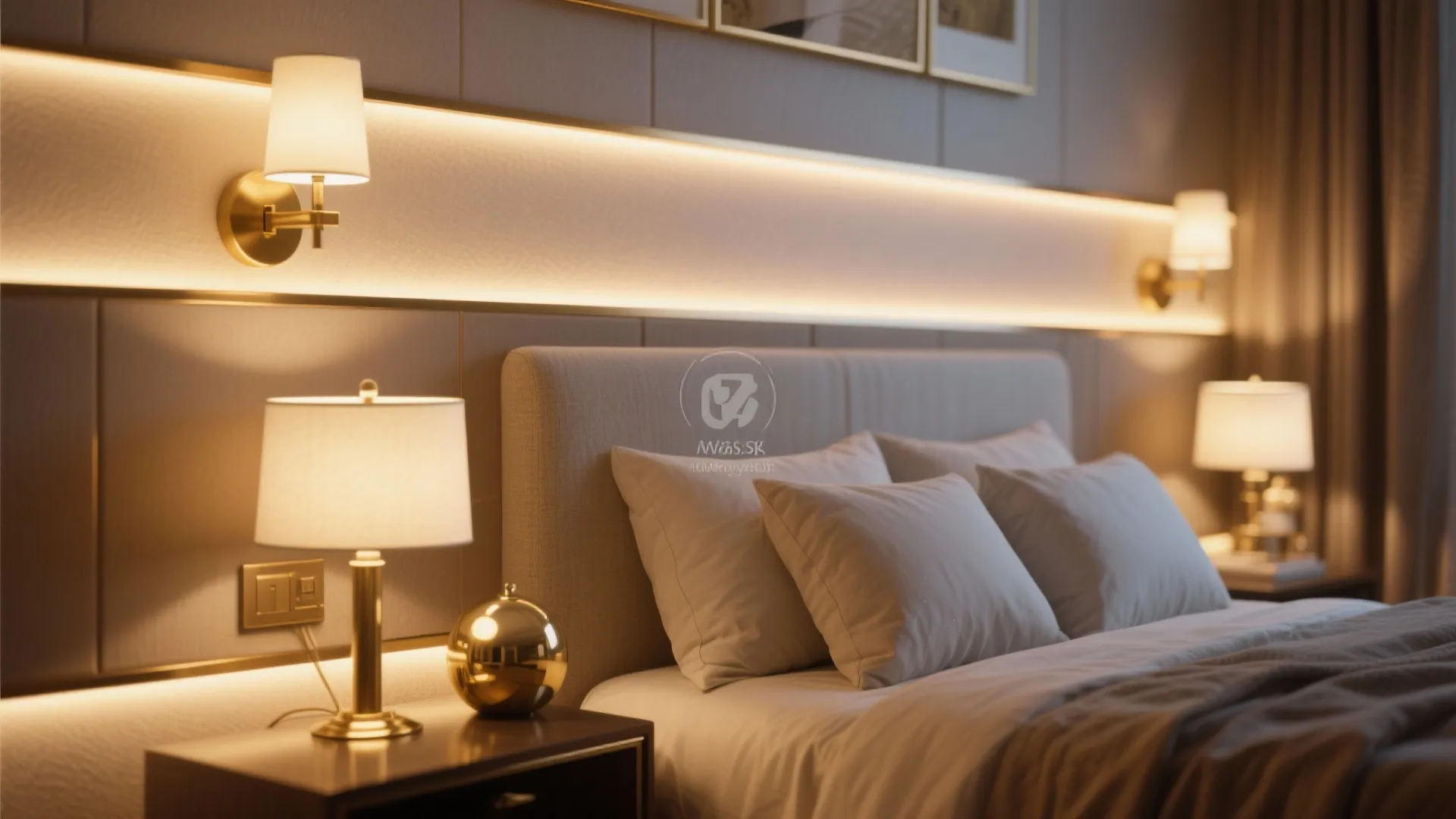 Luxury bedroom headboard with warm wall light fixtures and integrated light strips for a cozy atmosphere