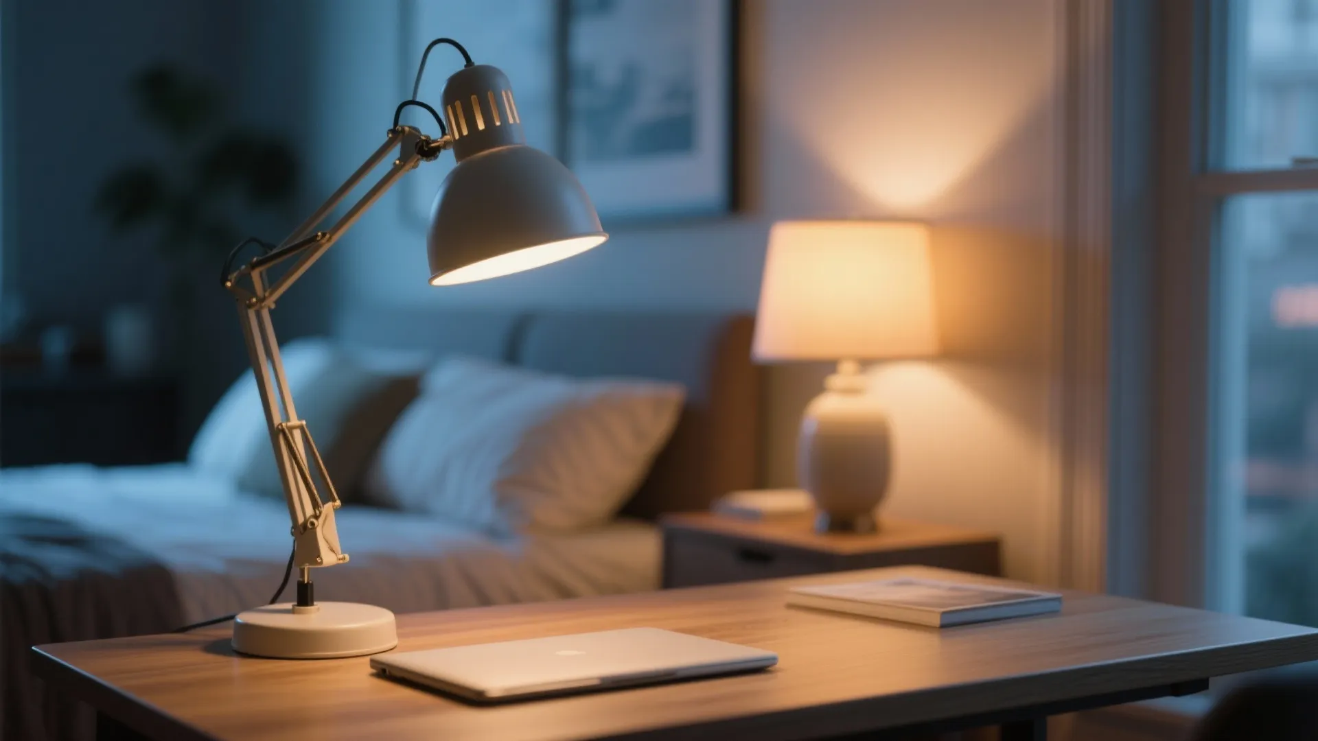 Cozy bedroom workspace with white desk light and bedside light fixture illuminating a wooden desk