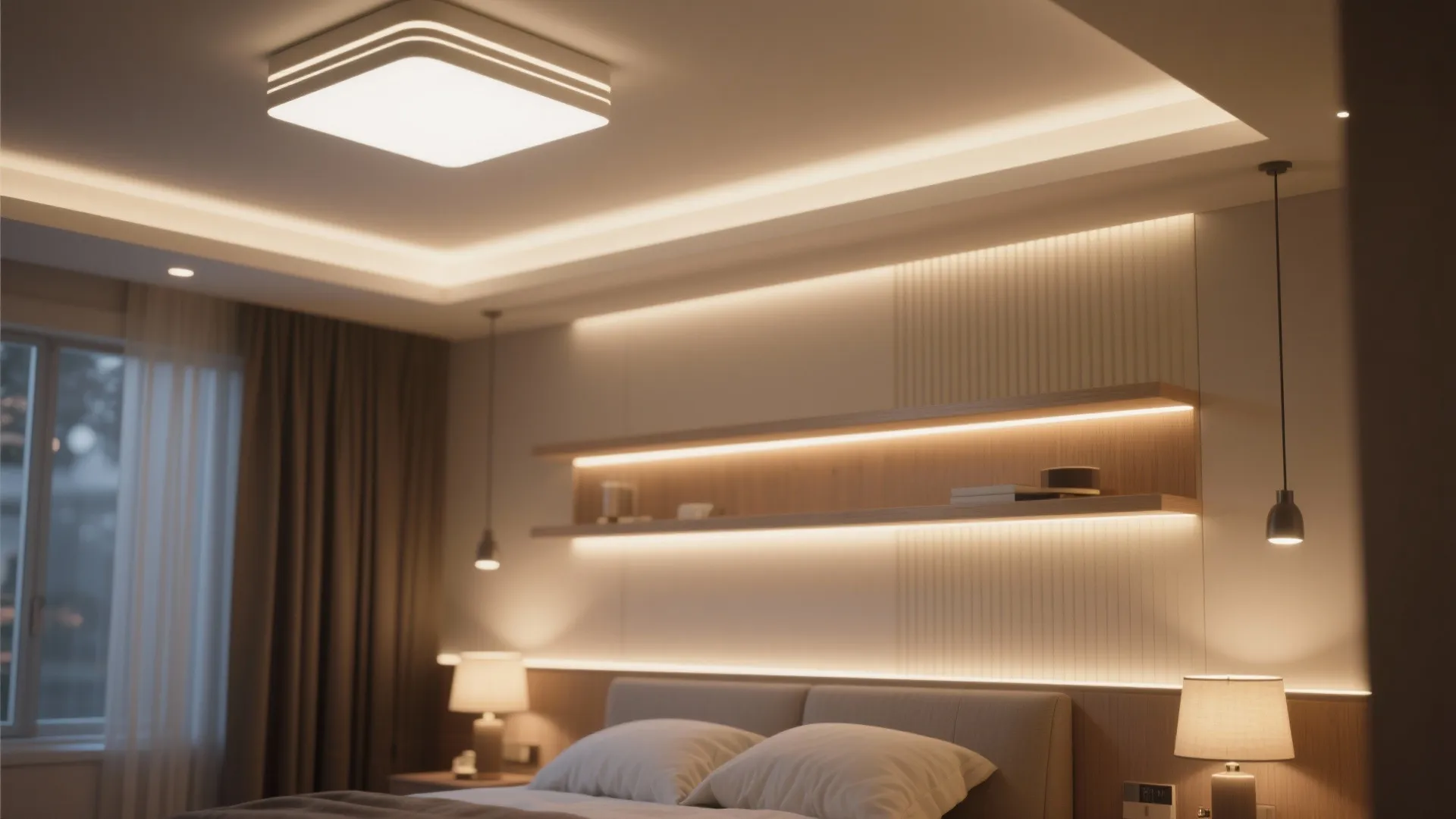 Layered bedroom lighting with ceiling, table lamps and LED strip