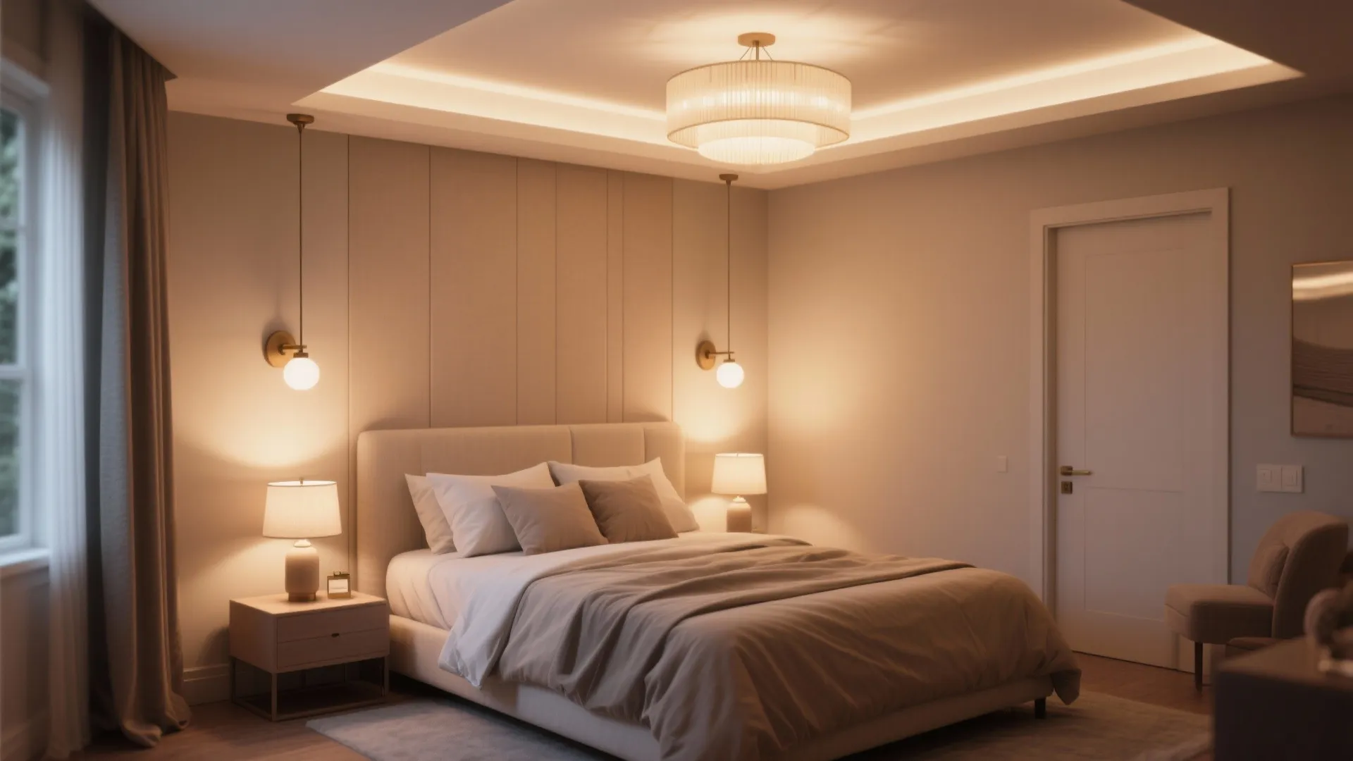Warm modern bedroom featuring tiered ceiling light bedside table lamps wall light fixtures and bed
