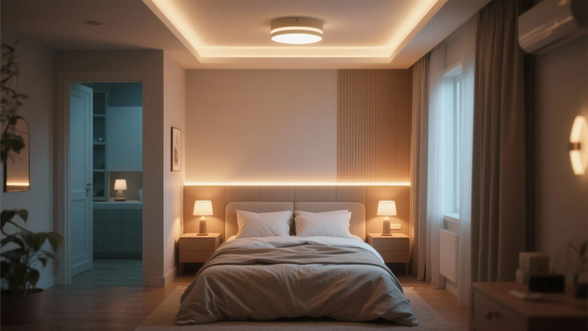 Small bedroom with overhead, bedside, and LED headboard lights